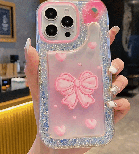 Pink Bow With Glitter Silicon Phone Case For iPhone 15 Plus