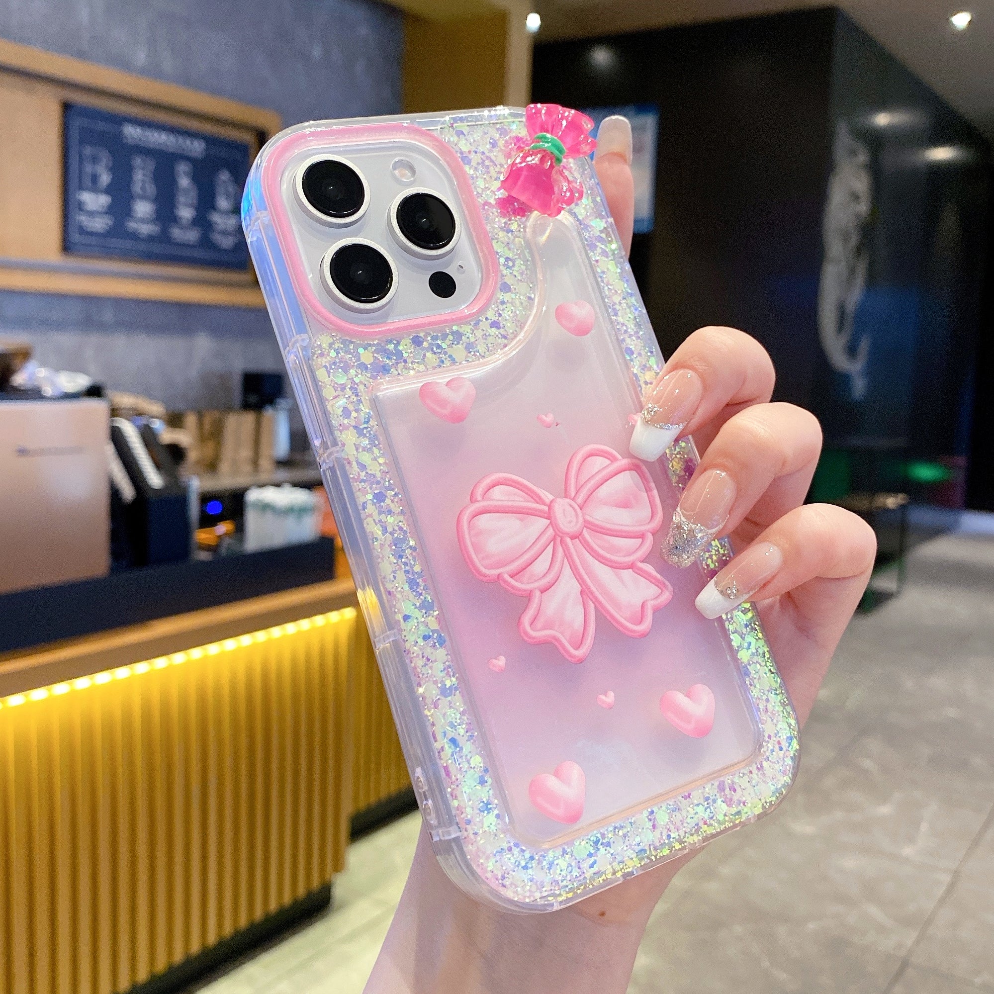 Pink Bow With Glitter Silicon Phone Case For iPhone 16