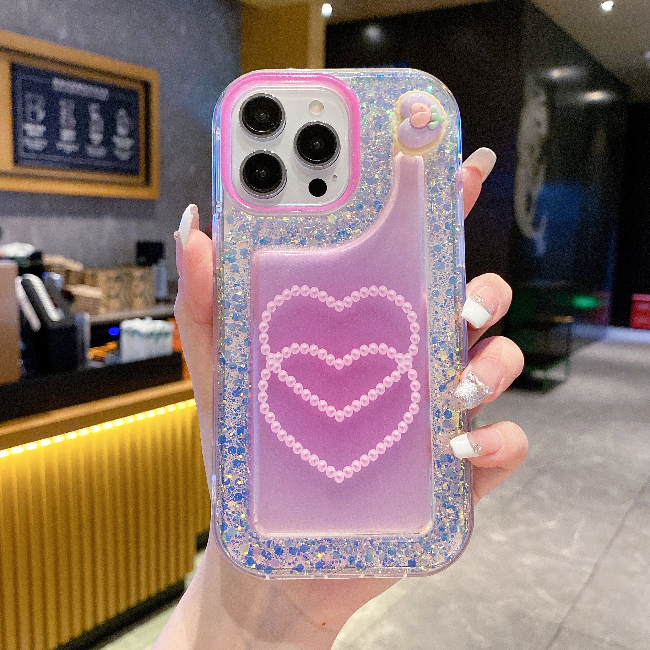 Pink Glitter Diamond Heart Silicon Phone Case For iPhone 15 Plus