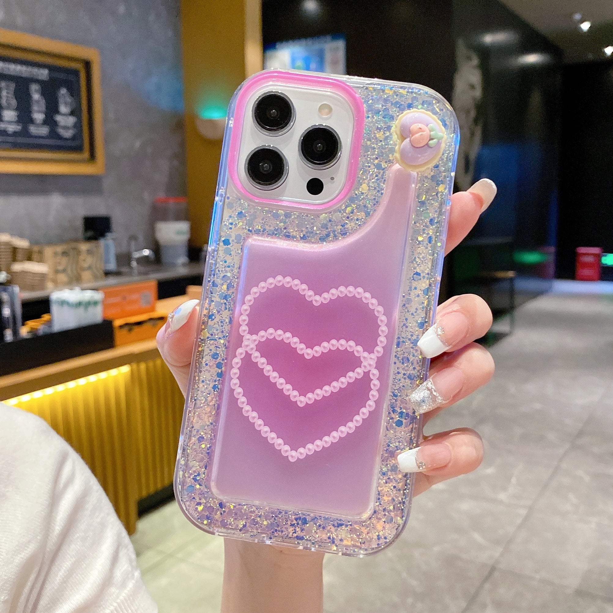 Pink Glitter Diamond Heart Silicon Phone Case For iPhone 14 Pro Max