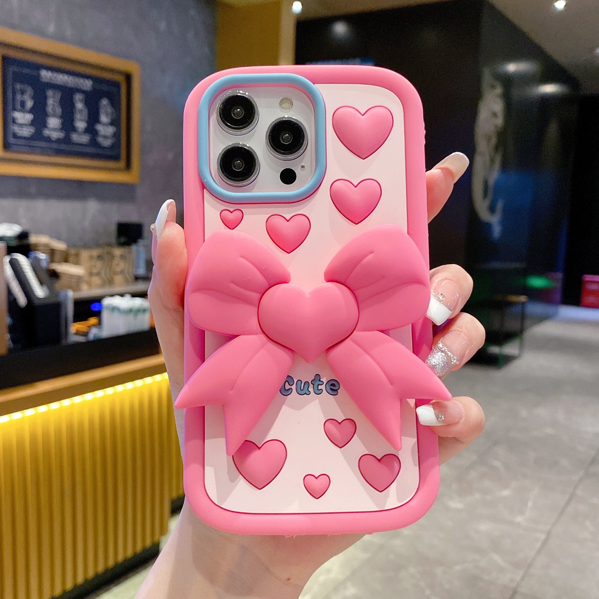 Pink Heart With Bow Stand Silicon Phone Cases For iPhone 15 Pro Max