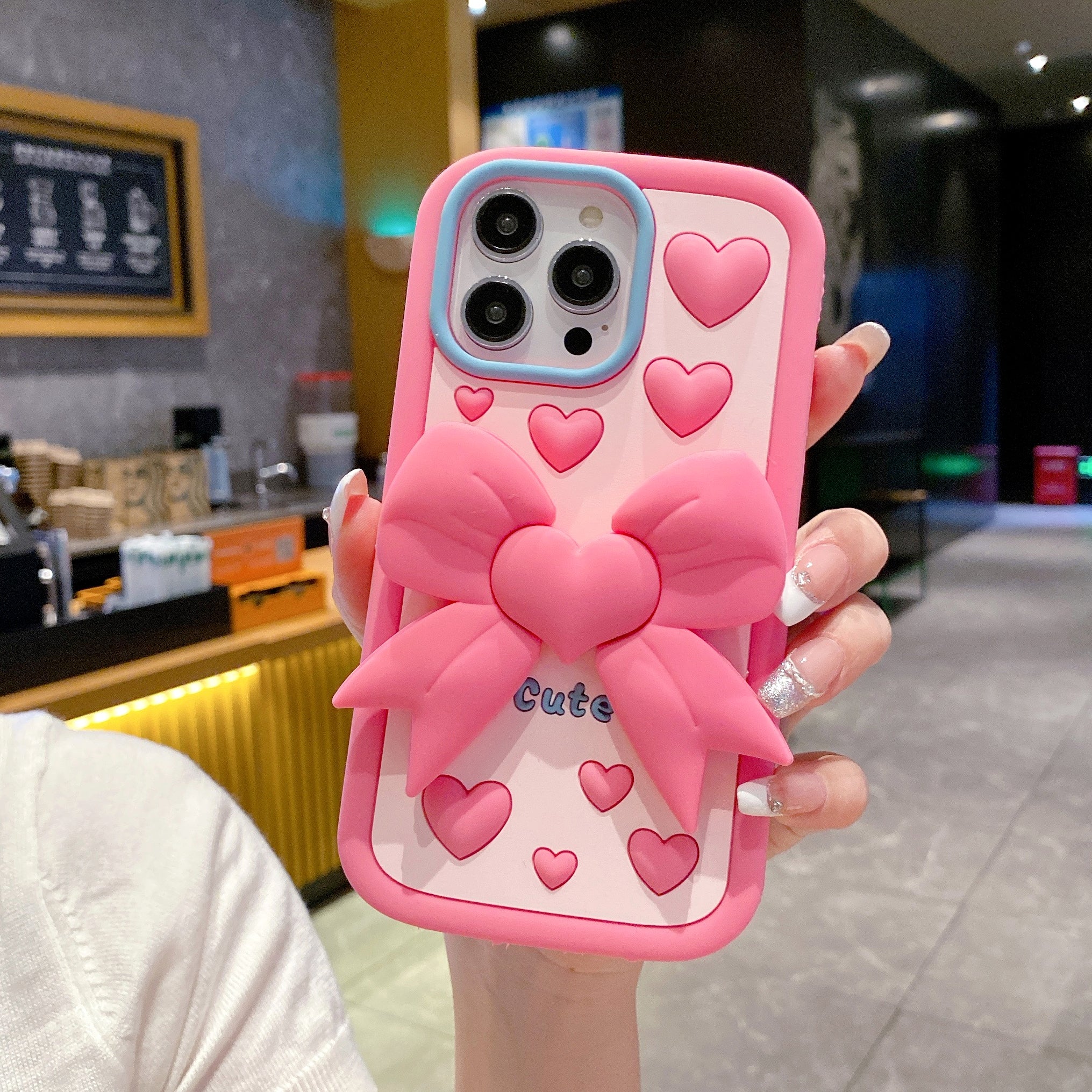 Pink Heart With Bow Stand Silicon Phone Cases For iPhone 15 Pro Max