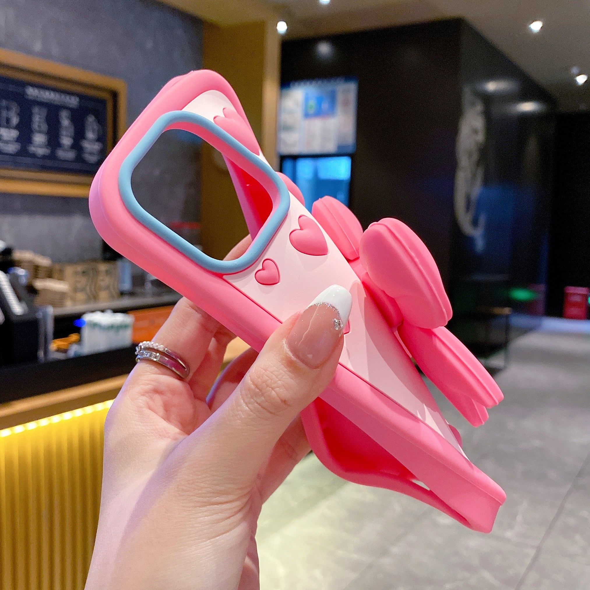 Pink Heart With Bow Stand Silicon Phone Cases For iPhone 15 Pro Max
