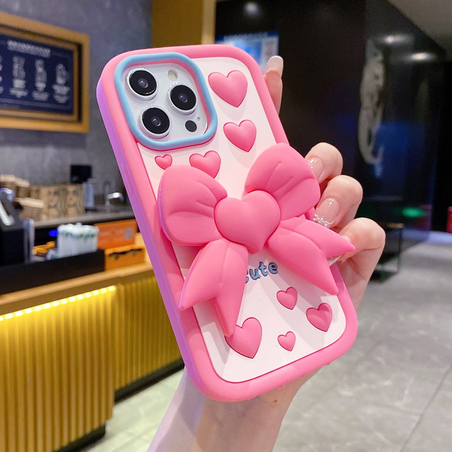 Pink Heart With Bow Stand Silicon Phone Cases For iPhone 15 Pro Max