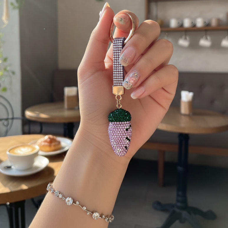 Purple & Green Crystal Strawberry Phone Charm - Luxury Bling Keychain for Backpacks & Purses