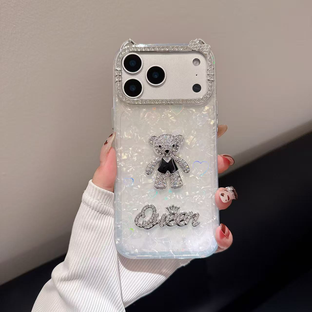 Queen Teddy With Diamond Camera Frame Silicone Phone Case For iPhone 15