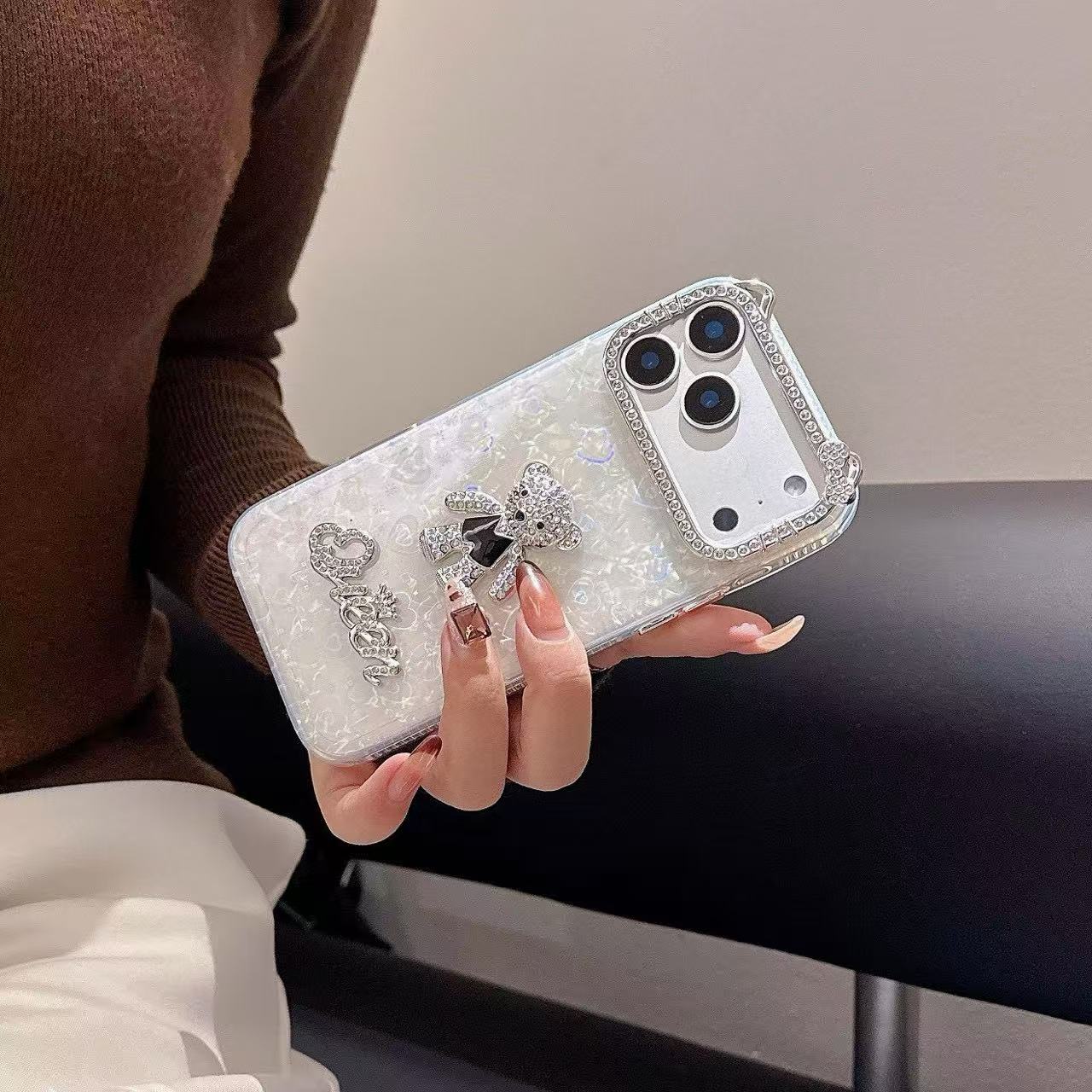 Queen Teddy With Diamond Camera Frame Silicone Phone Case For iPhone 14 Plus
