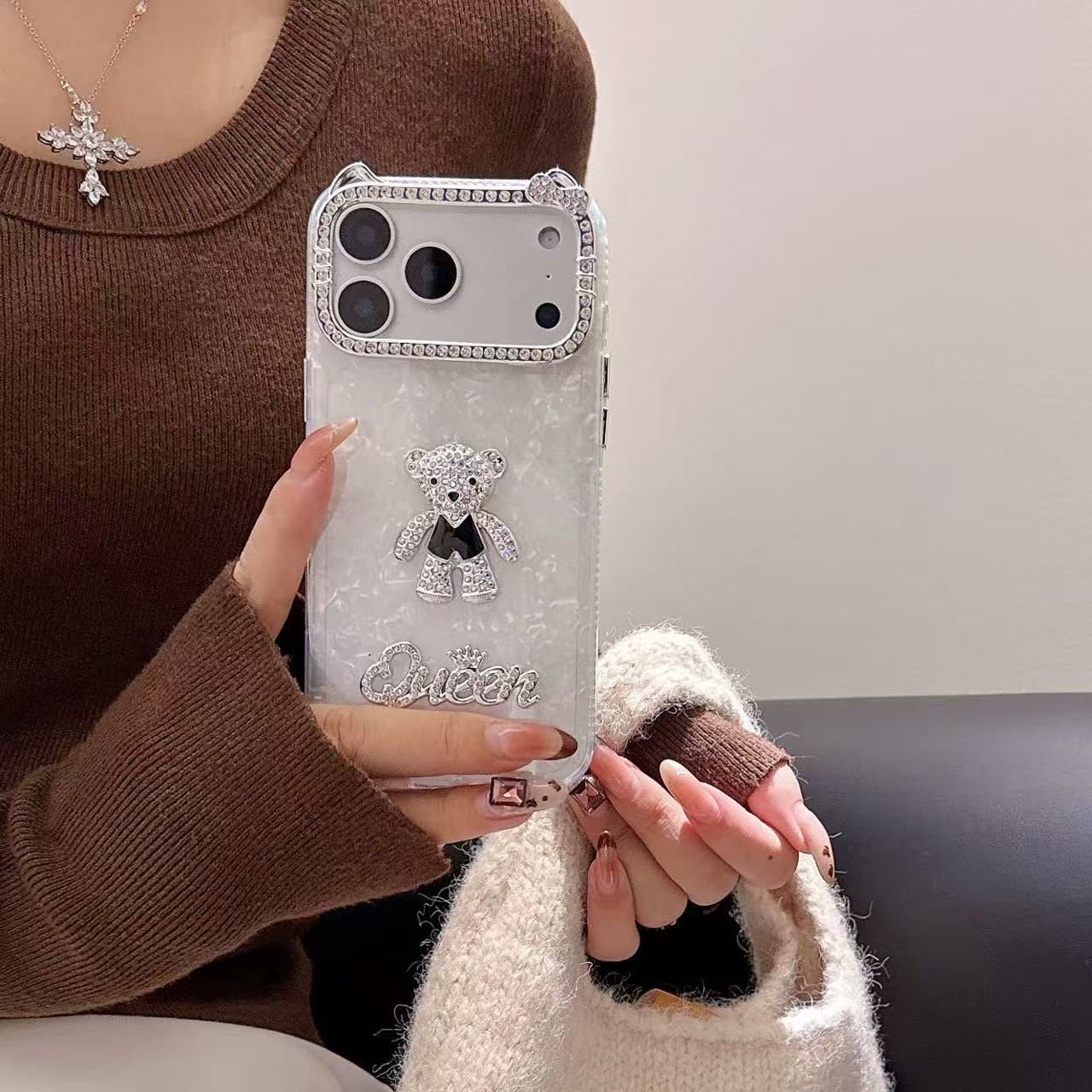 Queen Teddy With Diamond Camera Frame Silicone Phone Case For iPhone 15 Plus