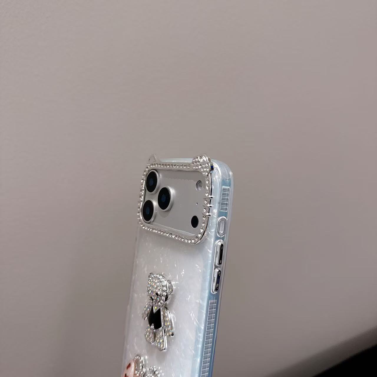 Queen Teddy With Diamond Camera Frame Silicone Phone Case For iPhone 17