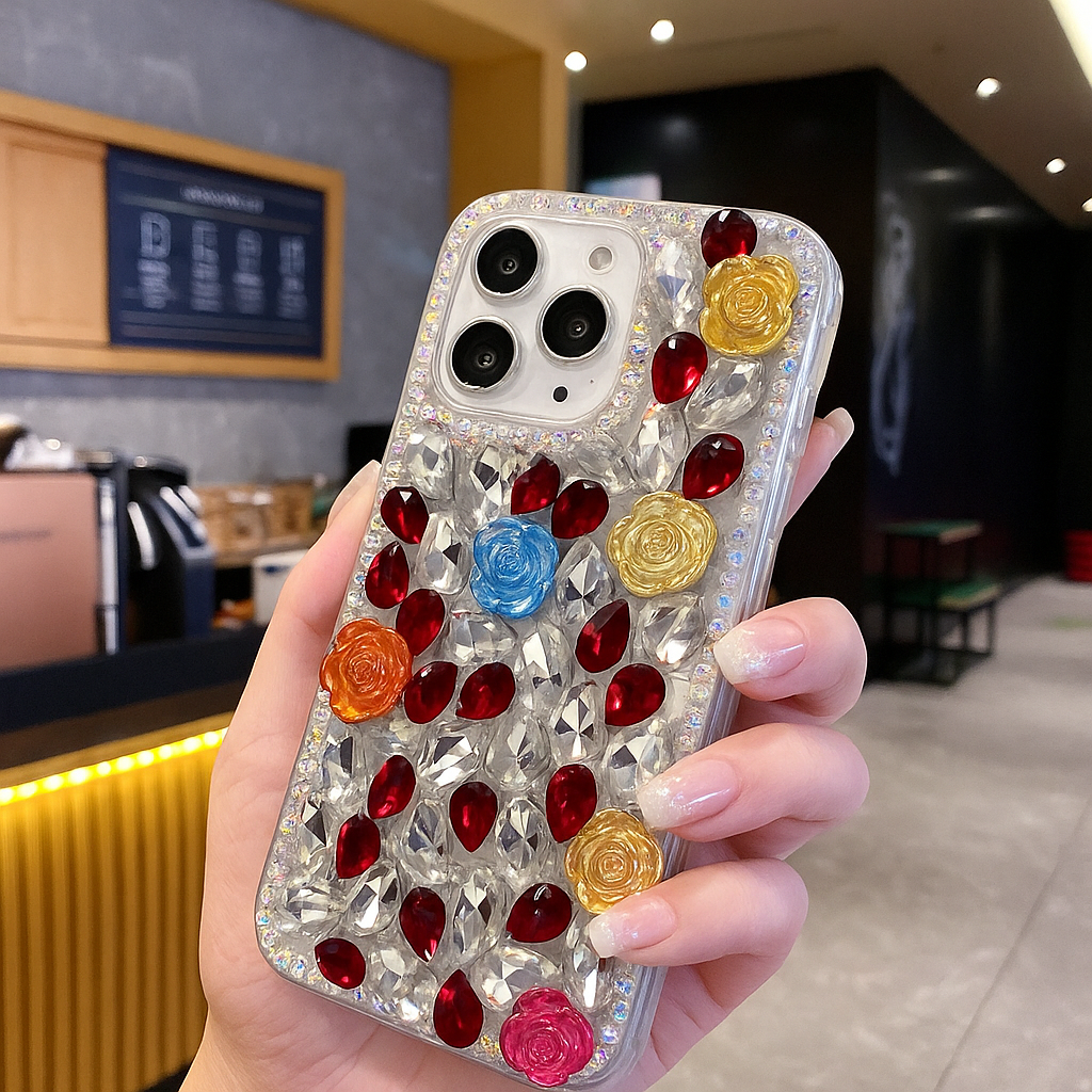 Rainbow Rose Crystal Phone Case – 3D Multicolor Flower & Diamond Gem Case For iPhone 17 Pro Max