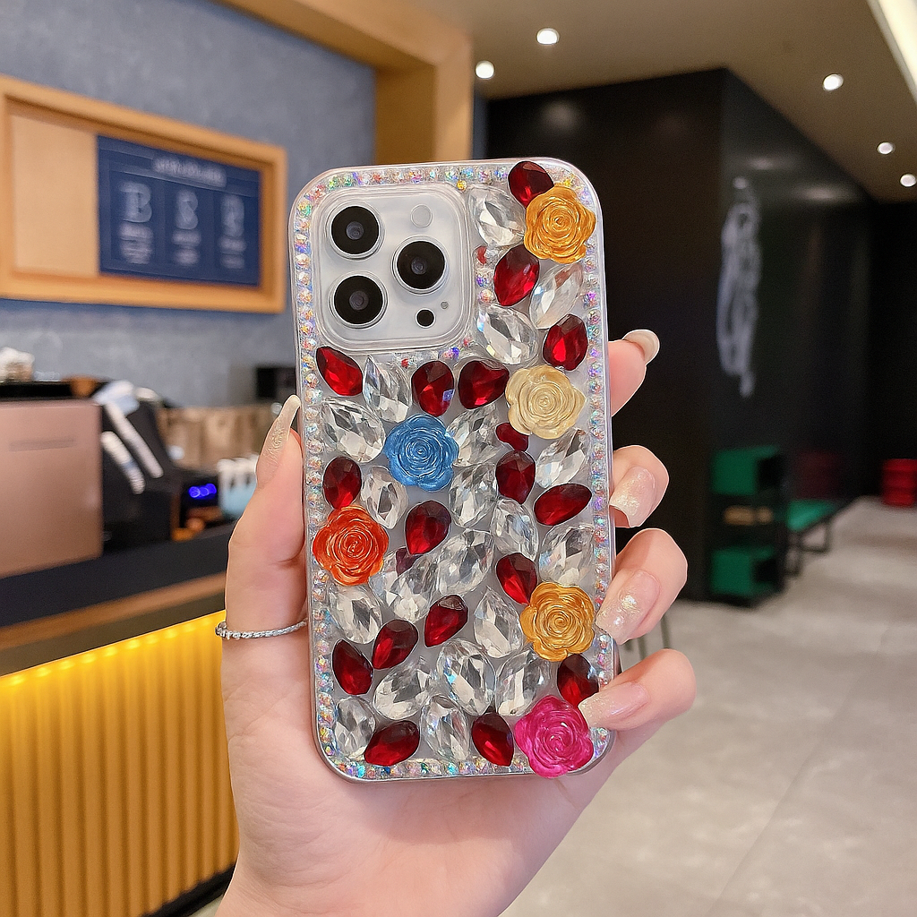 Rainbow Rose Crystal Phone Case – 3D Multicolor Flower & Diamond Gem Case For iPhone 17 Pro Max