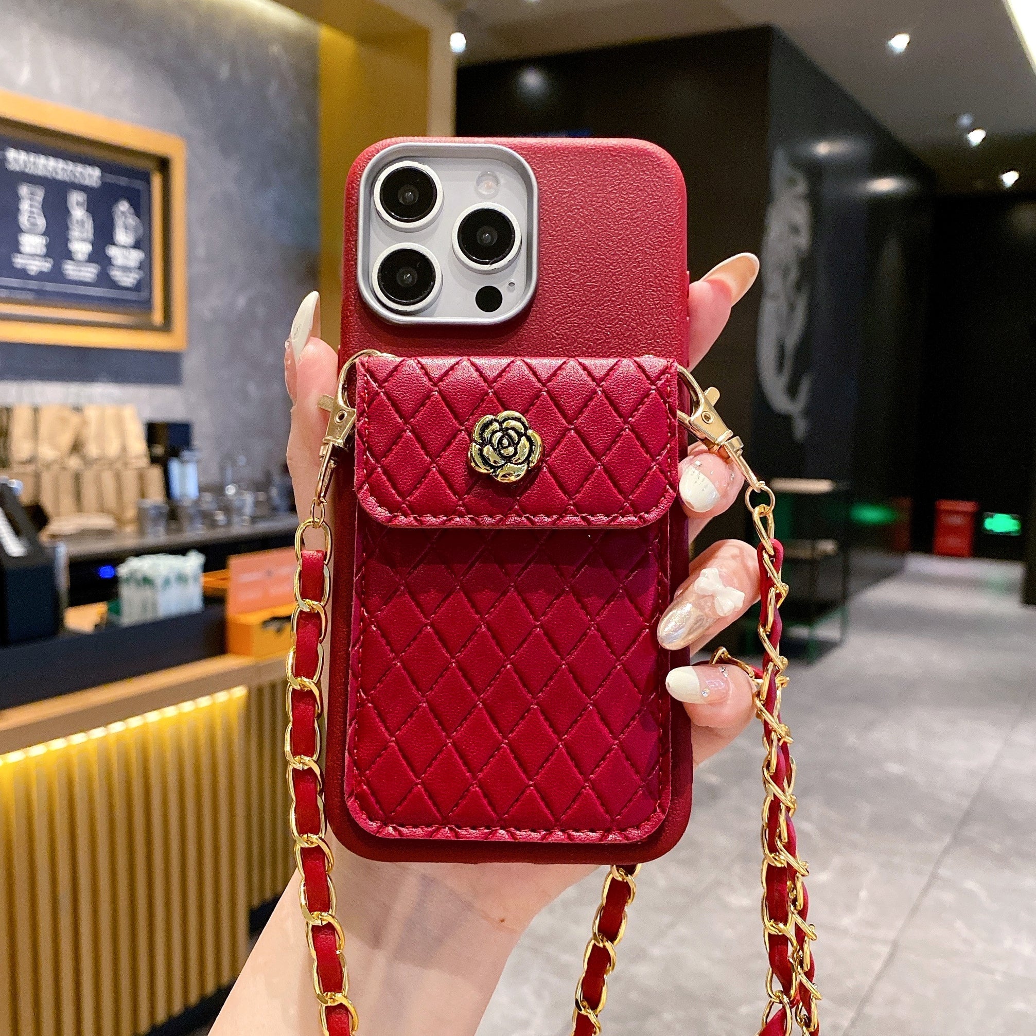 Red Texture Wallet With Golden Chain Silicon Phone Cases For iPhone 13 Pro