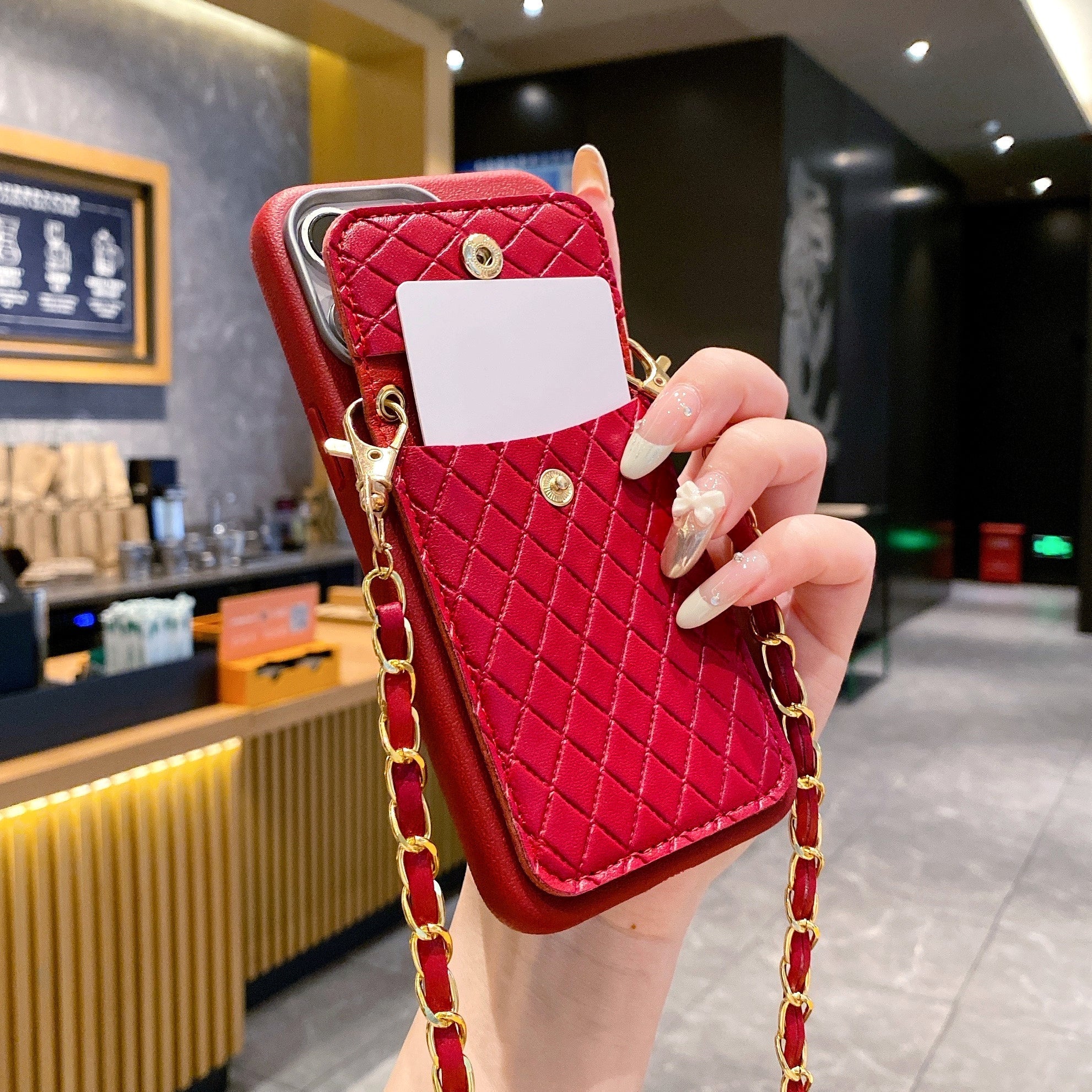 Red Texture Wallet With Golden Chain Silicon Phone Cases
