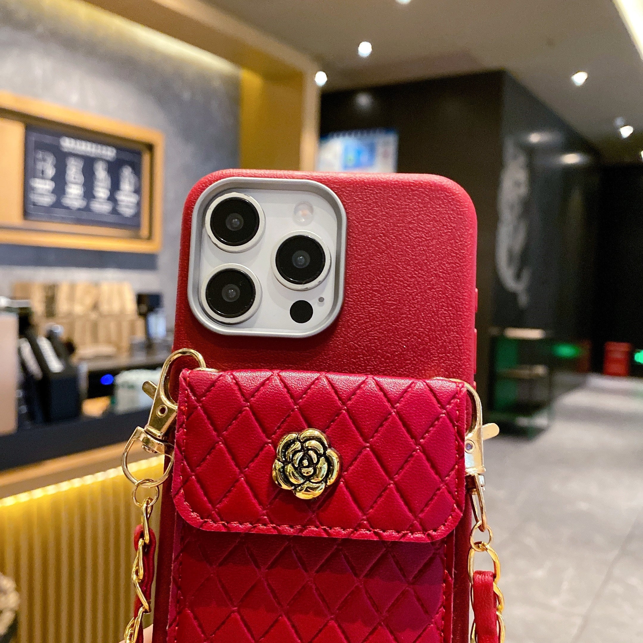 Red Texture Wallet With Golden Chain Silicon Phone Cases