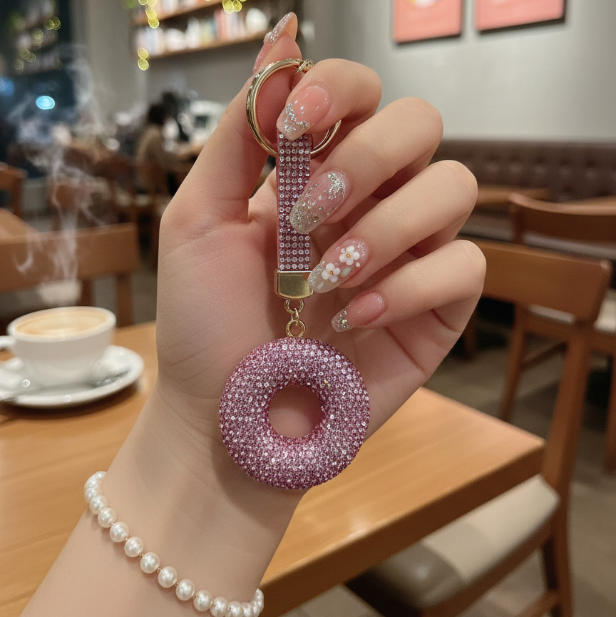 Rose Pink Crystal Donut Phone Charm - Luxury Bling Keychain for Backpacks & Purses