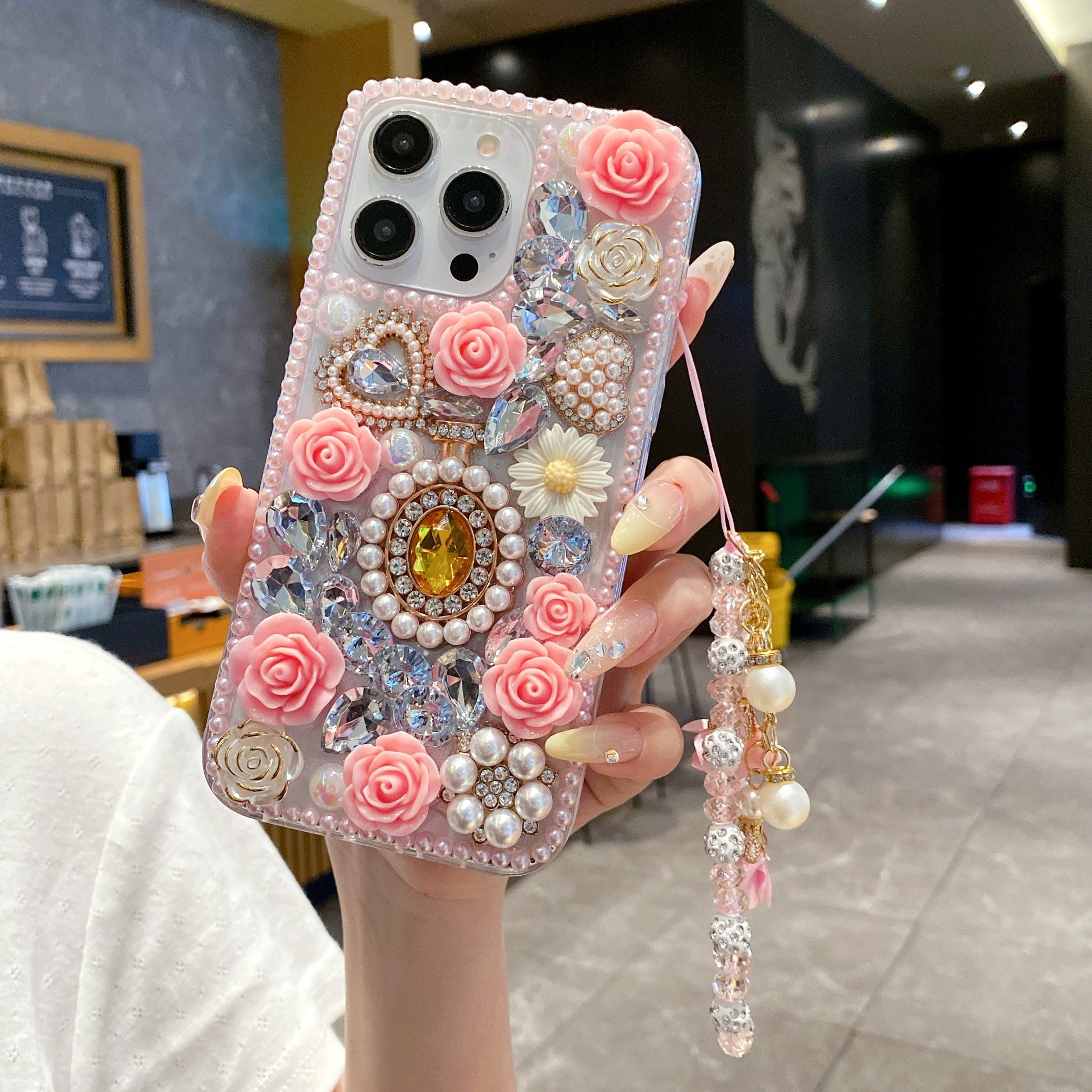 Crystal Rhinestone Pearl Love Rose Wristband Bracelet Case For iPhone 15