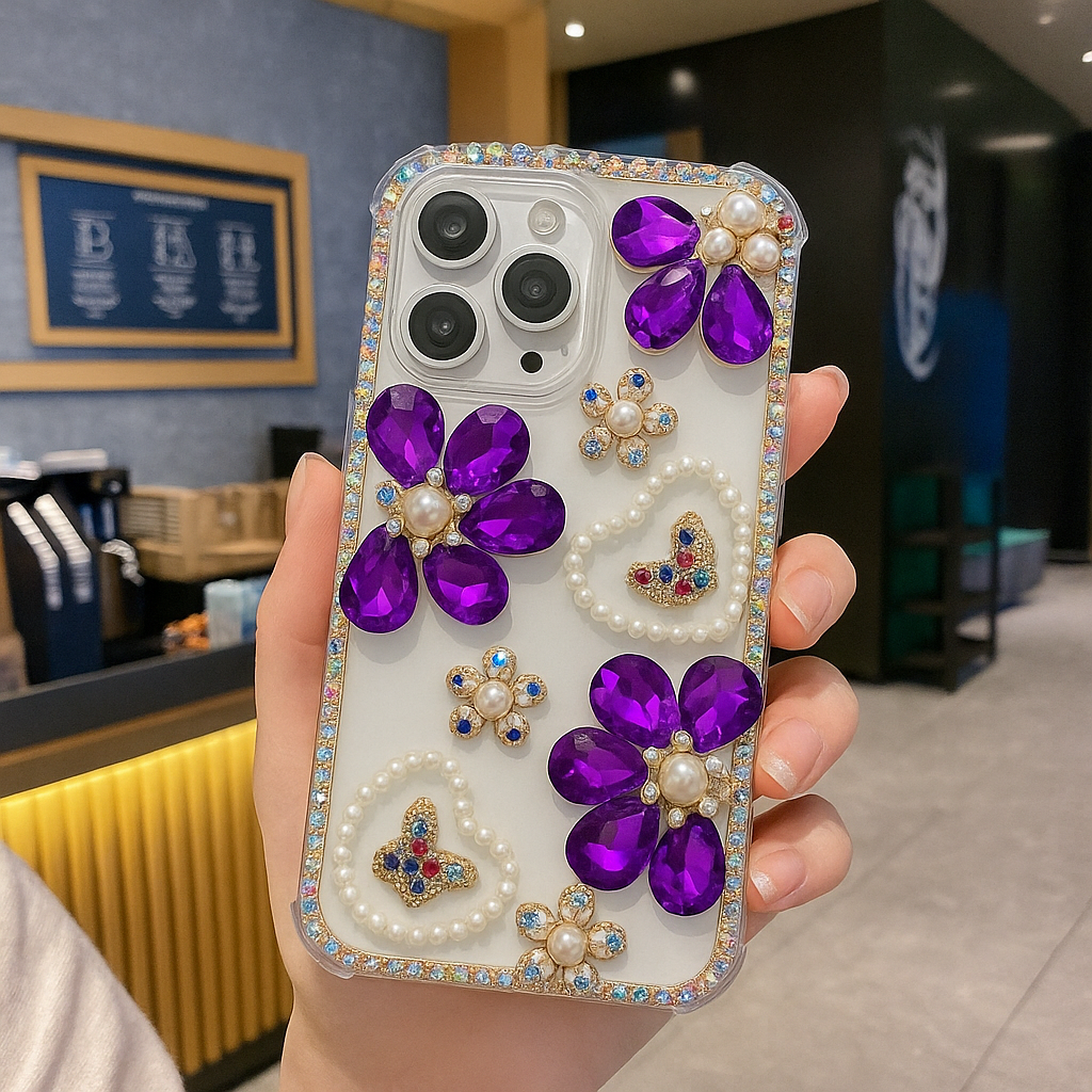 Royal Amethyst Flower Phone Case – Sparkly Diamond & Pearl 3D Floral Design For iPhone 17 Pro Max