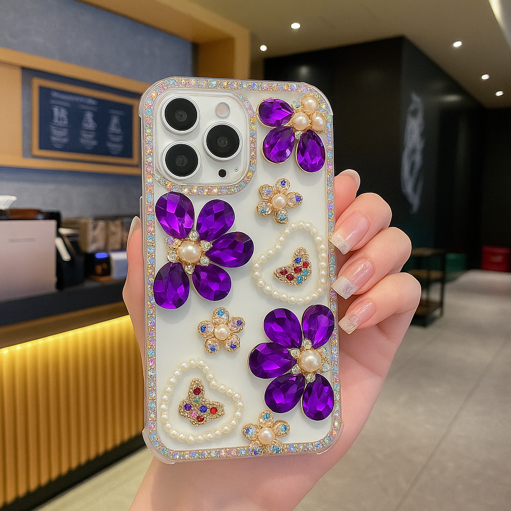 Royal Amethyst Flower Phone Case – Sparkly Diamond & Pearl 3D Floral Design For iPhone 17 Pro Max
