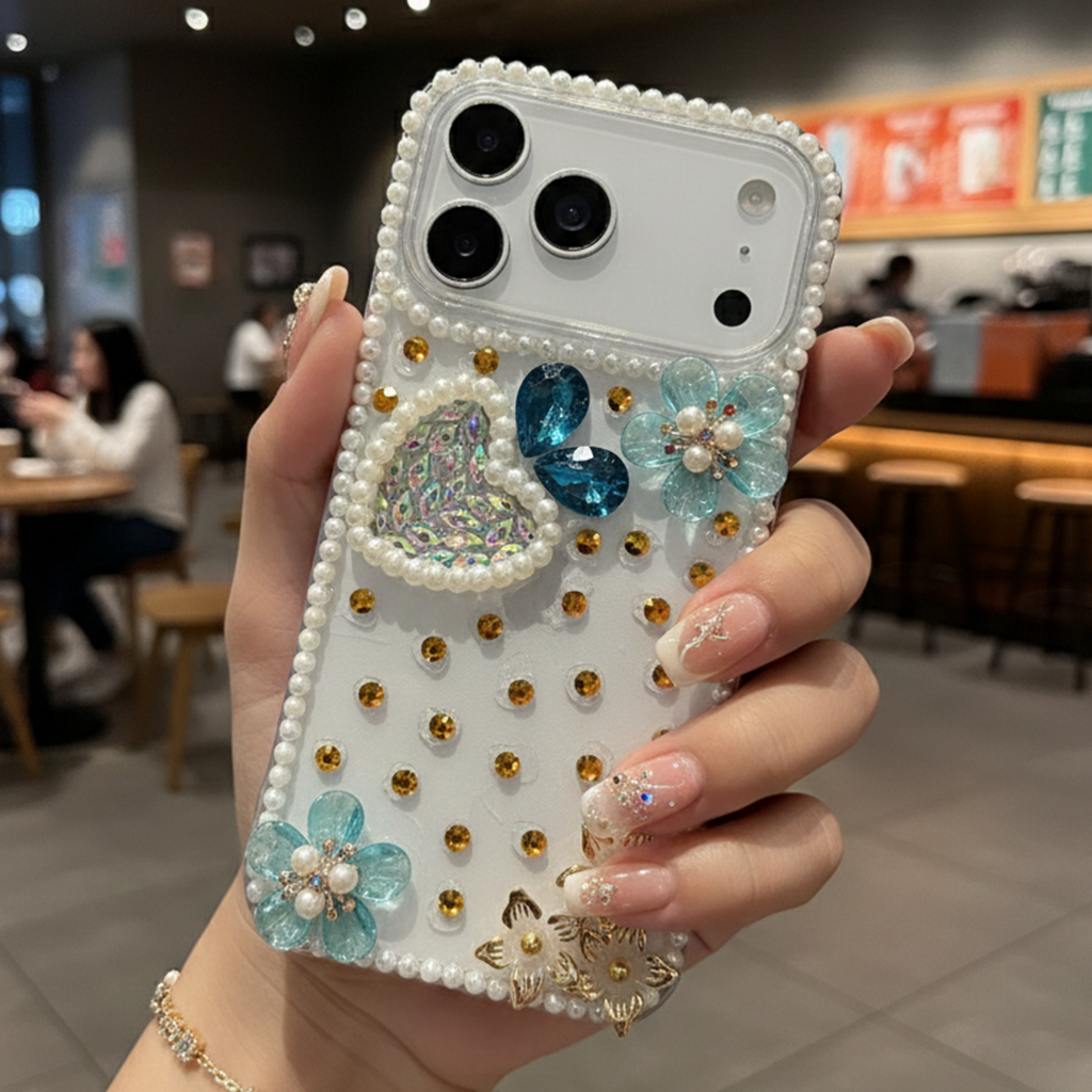 Royal Pearl Bling Case - Premium Blue Crystal Heart Aesthetic Shield with Diamond Camera Guard Case For iPhone 16 pro max