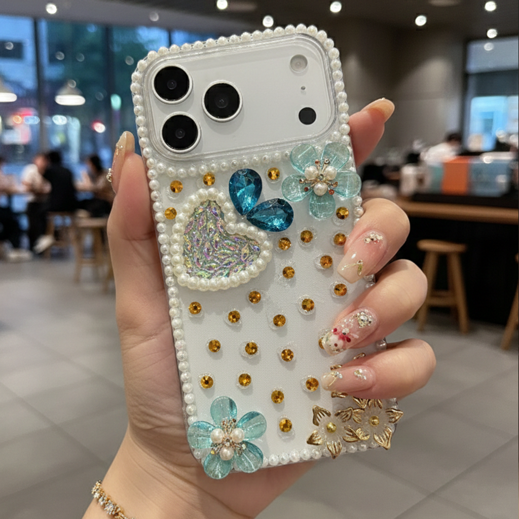 Royal Pearl Bling Case - Premium Blue Crystal Heart Aesthetic Shield with Diamond Camera Guard Case For iPhone 14 plus