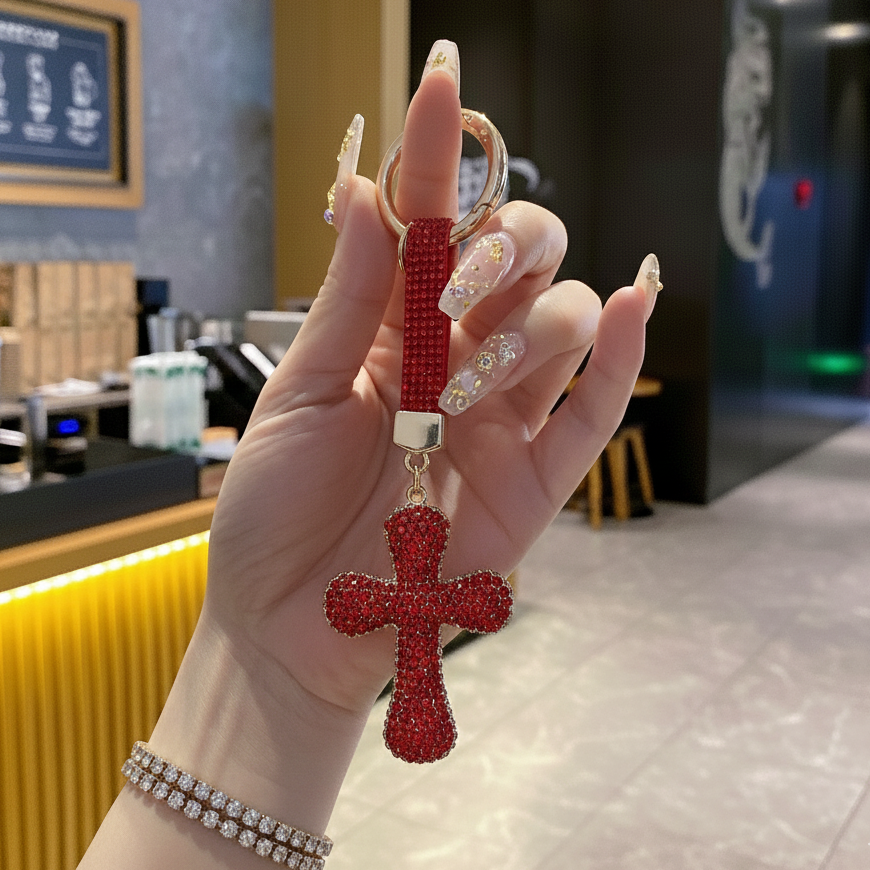 RubyRedCrystalCrossPhoneCharm-LuxuryBlingKeychainforBackpacks_Purses