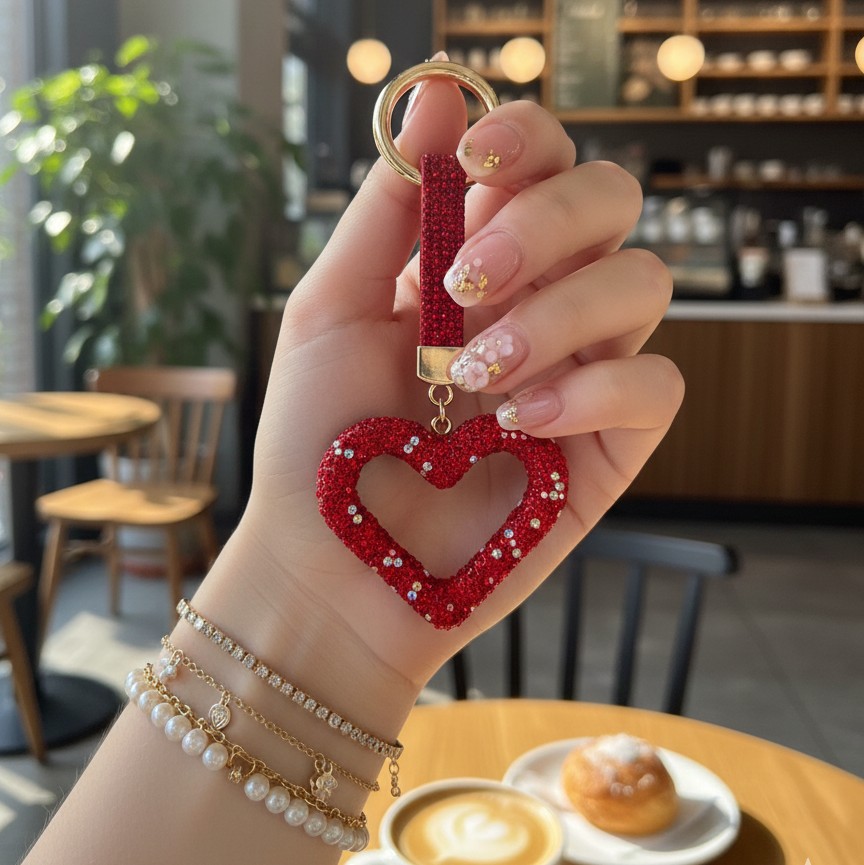 Ruby Red Crystal Heart Phone Charm - Luxury Bling Keychain for Backpacks & Purses