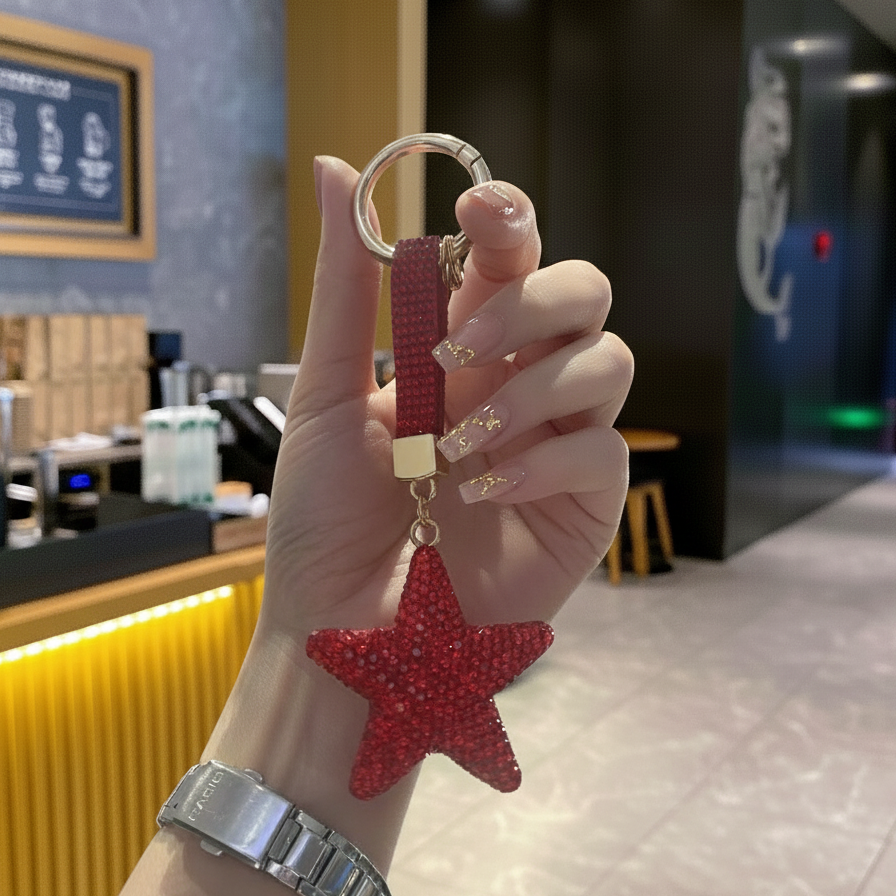 Ruby Red Crystal Star Phone Charm - Luxury Bling Keychain for Backpacks & Purses