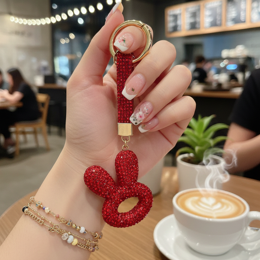 Ruby Red Crystal Rabbit Phone Charm - Luxury Bling Keychain for Backpacks & Purses