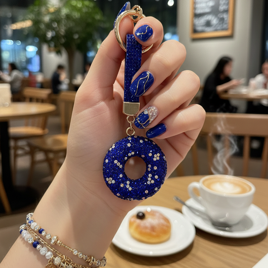 Sapphire Blue Crystal Donut Phone Charm - Luxury Bling Keychain for Backpacks & Purses