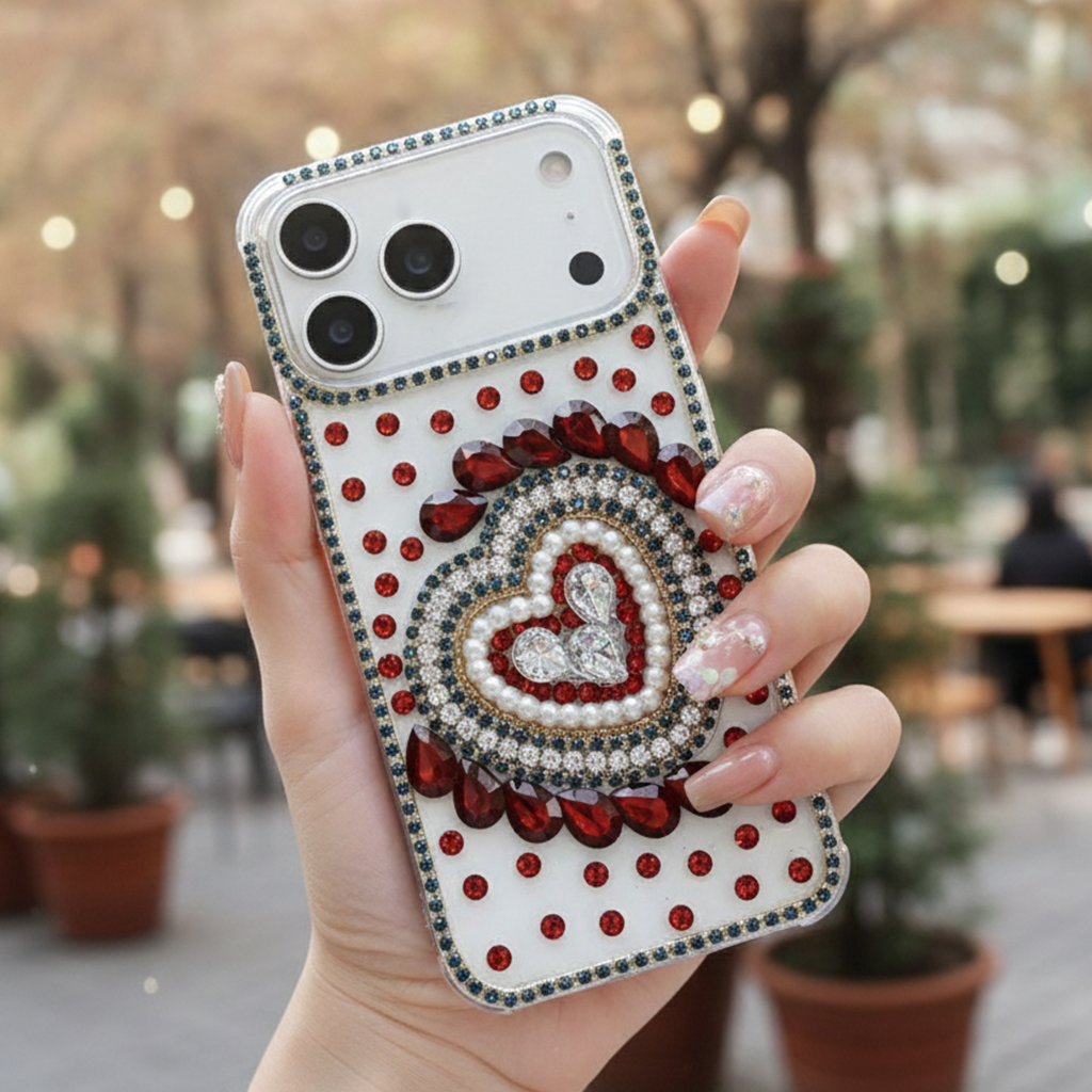 Scarlet Gemstone Full Heart Frame & Crystal Shield Case For iPhone 17 pro max