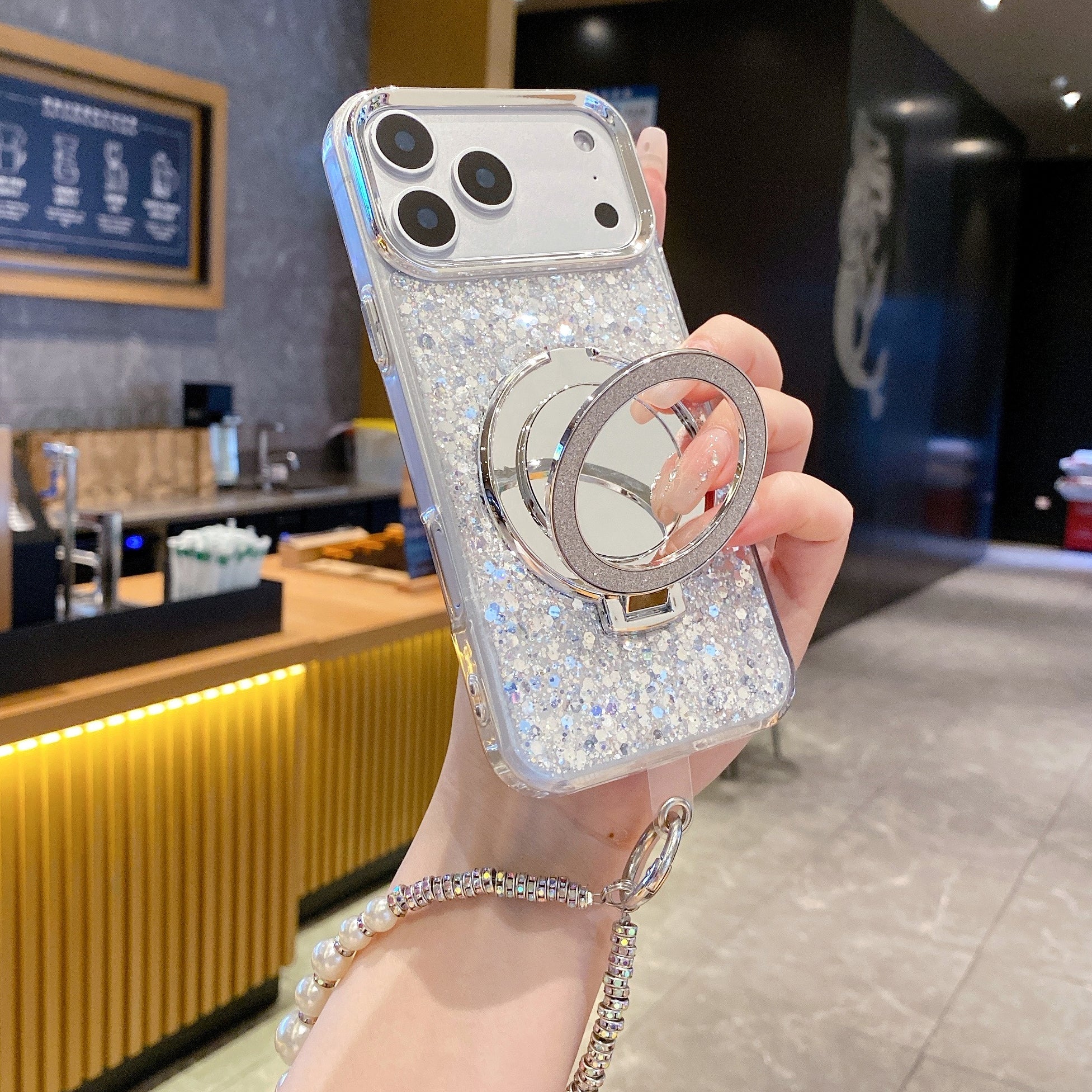 Silver Glitter Case with Ring Stand – Luxury Sparkle Design | Silicon Phone Case For iPhone 14 Pro Max