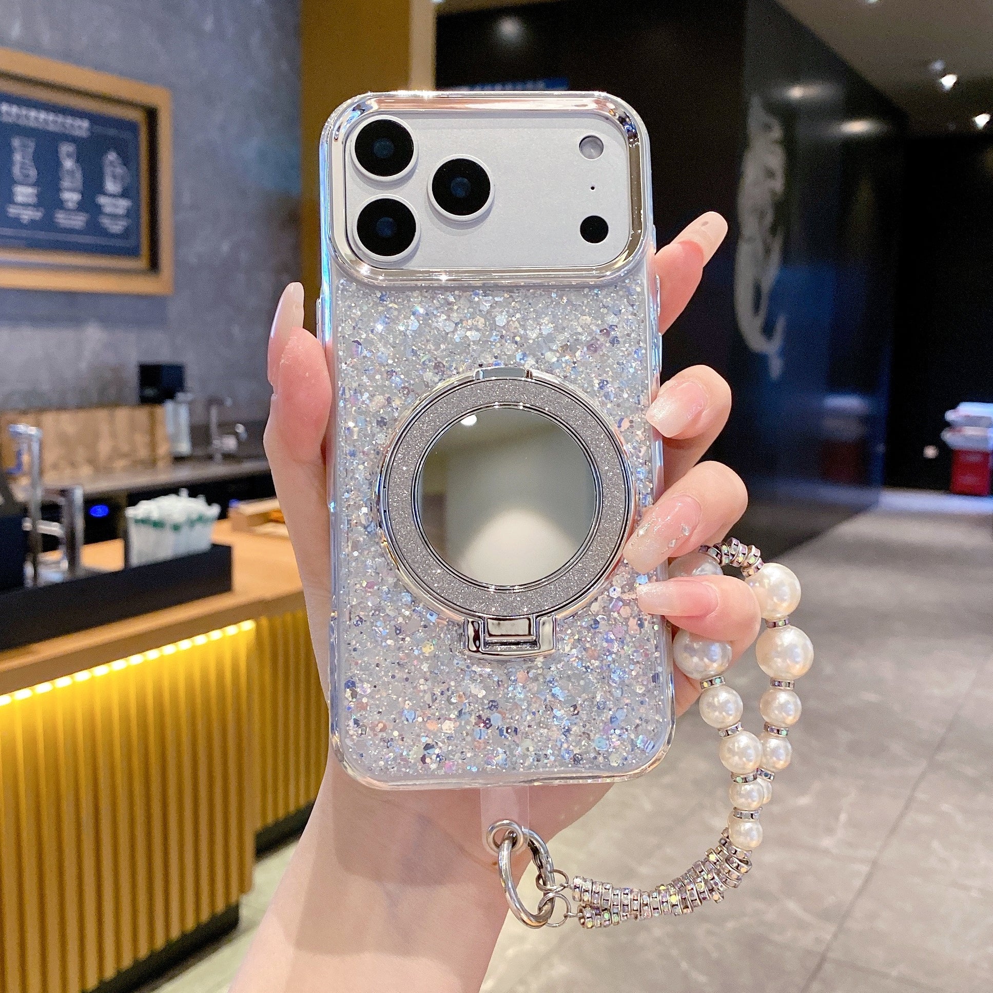 Silver Glitter Case with Ring Stand – Luxury Sparkle Design | Silicon Phone Case For iPhone 17 Pro Max