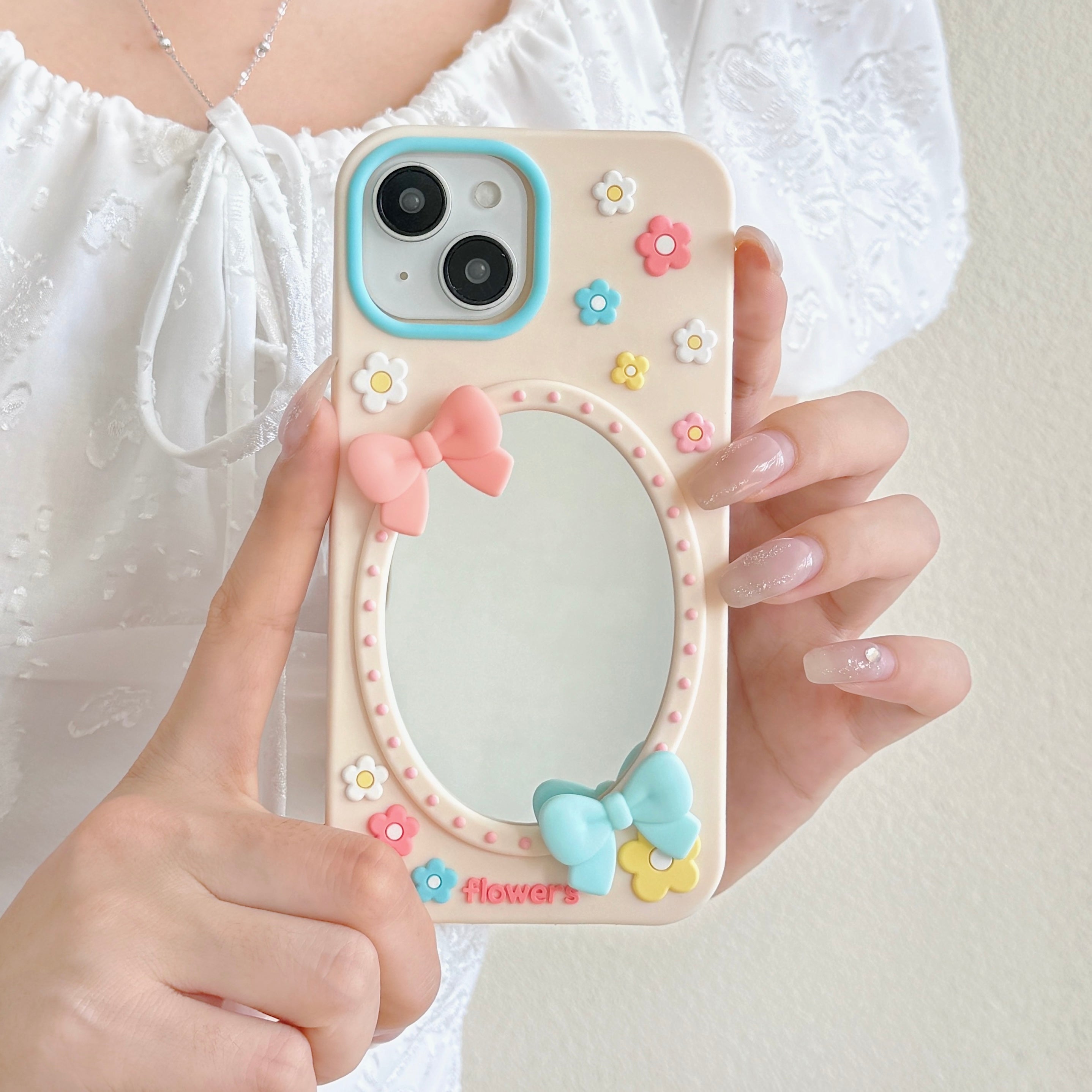 Soft Girl Aesthetic Mirror With Luxury Flower & Bow Phone Case For iPhone 17 Air