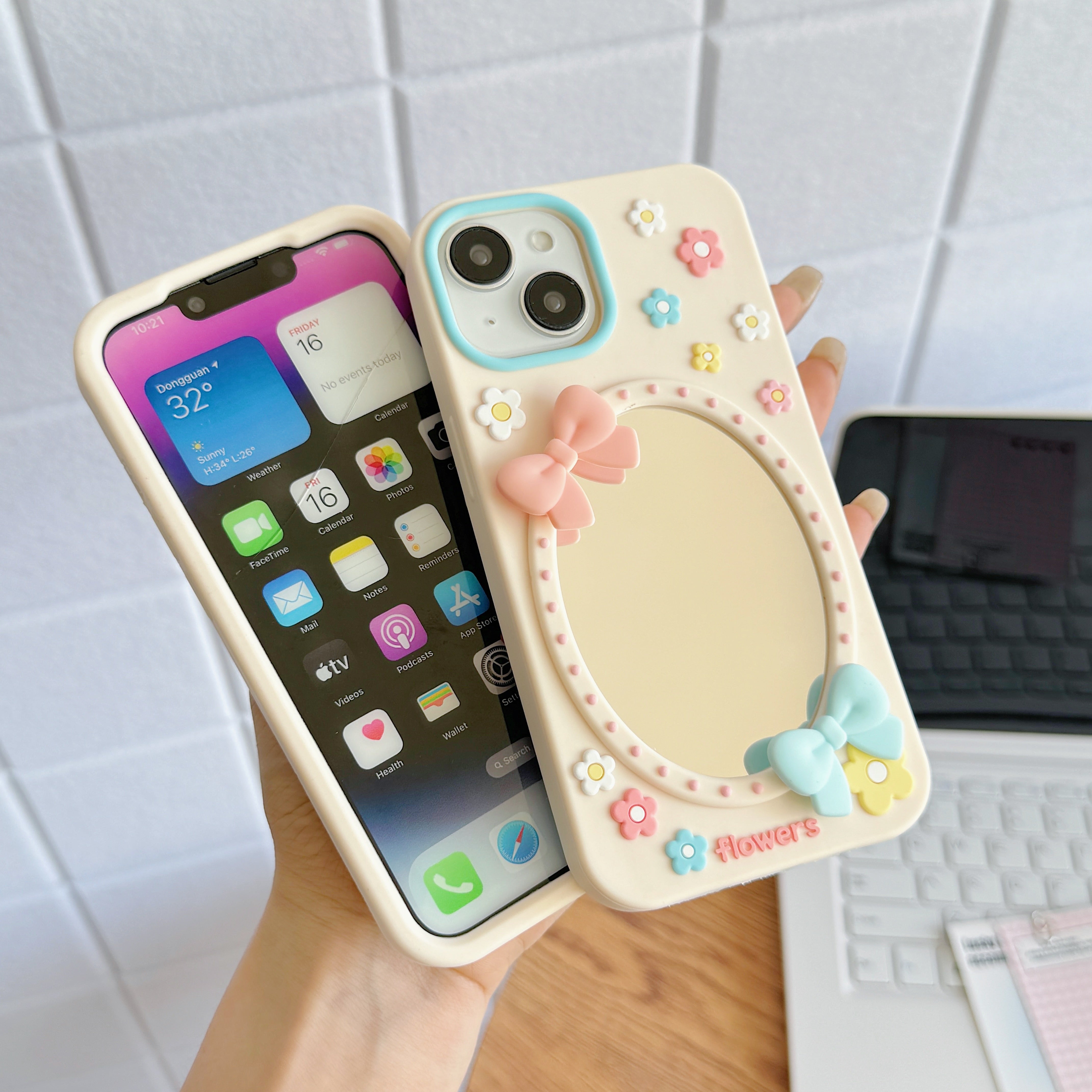 Soft Girl Aesthetic Mirror With Luxury Flower & Bow Phone Case For iPhone 17 Air