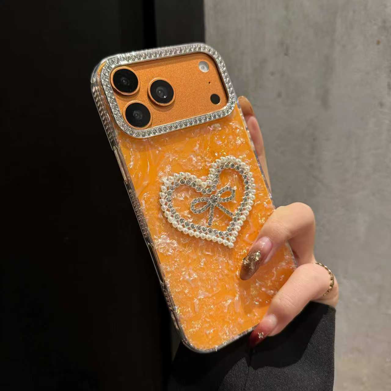 Golden Sunset Series Case — Premium Pearl & Crystal Heart Design with Diamond Camera Guard