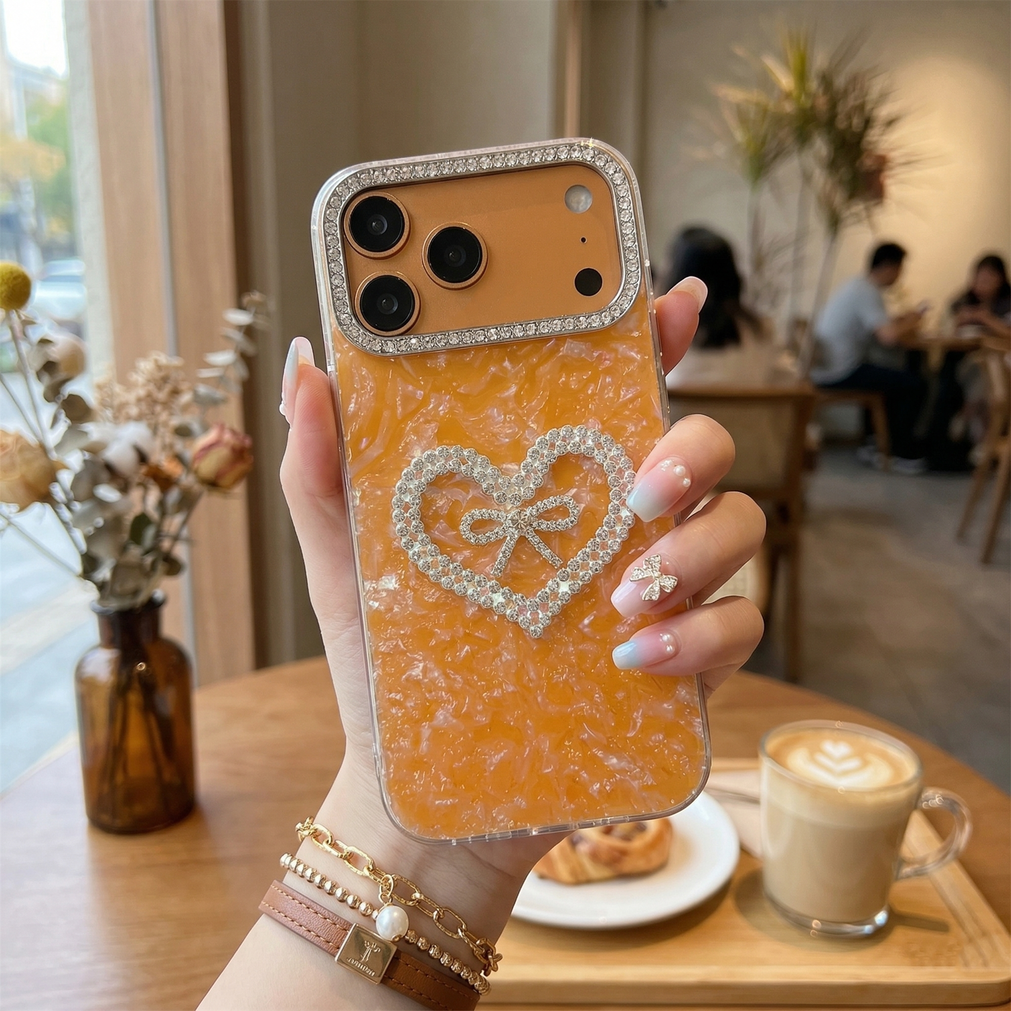 Golden Sunset Series Case — Premium Pearl & Crystal Heart Design with Diamond Camera Guard