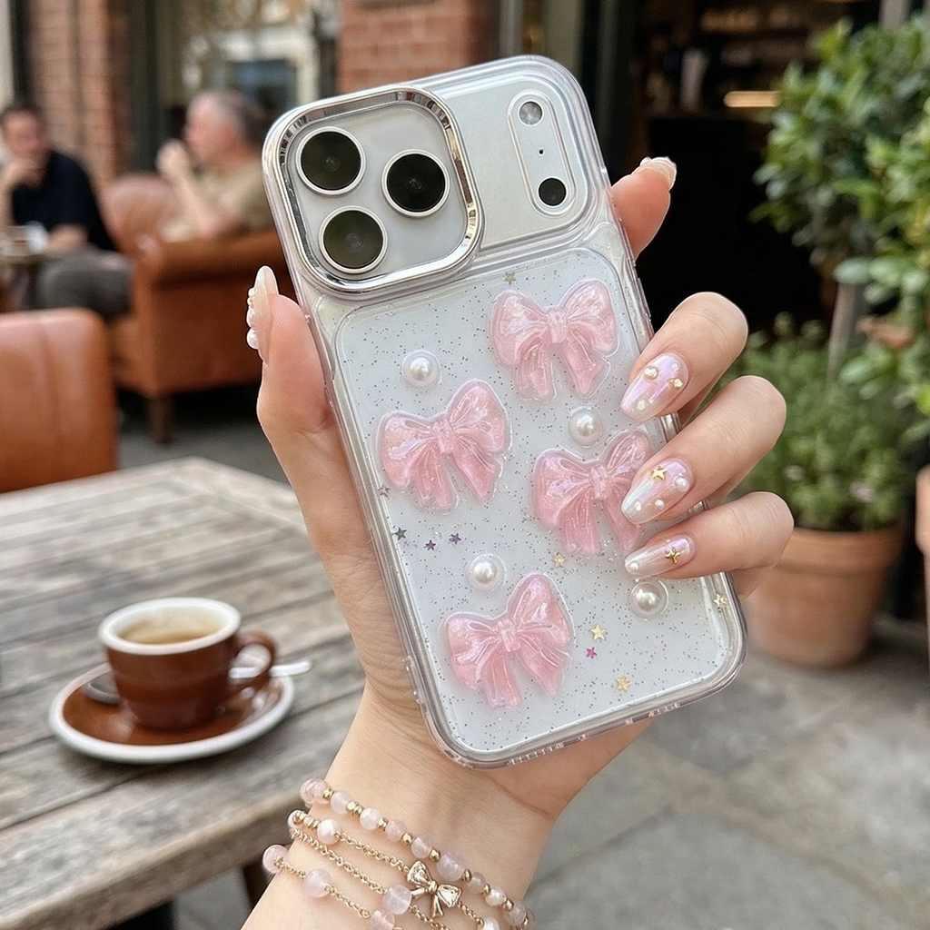 Sweet Kiss Bow & Pearl Star Silicone Case For iPhone