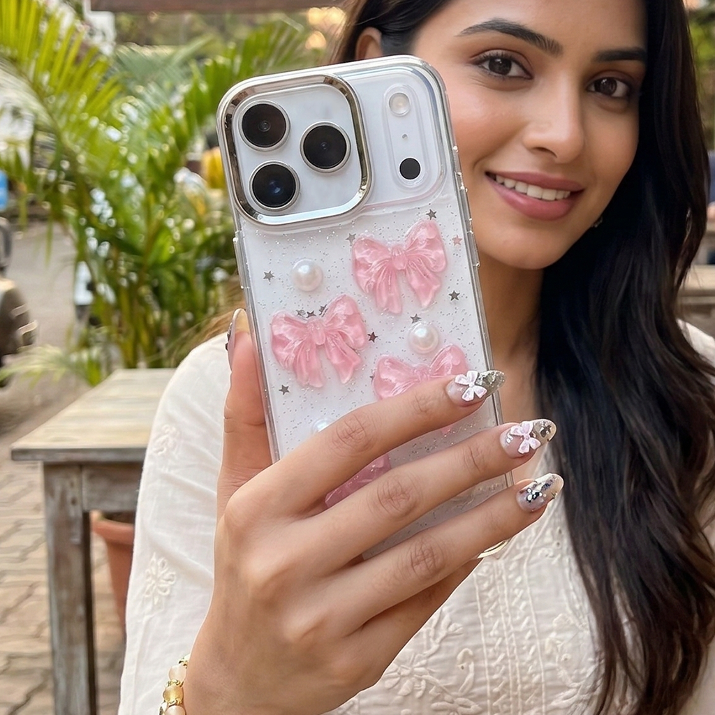 Sweet Kiss Bow & Pearl Star Silicone Case For iPhone
