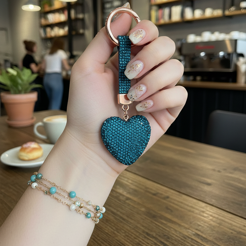 Teal Blue Crystal Heart Phone Charm - Luxury Bling Keychain for Backpacks & Purses