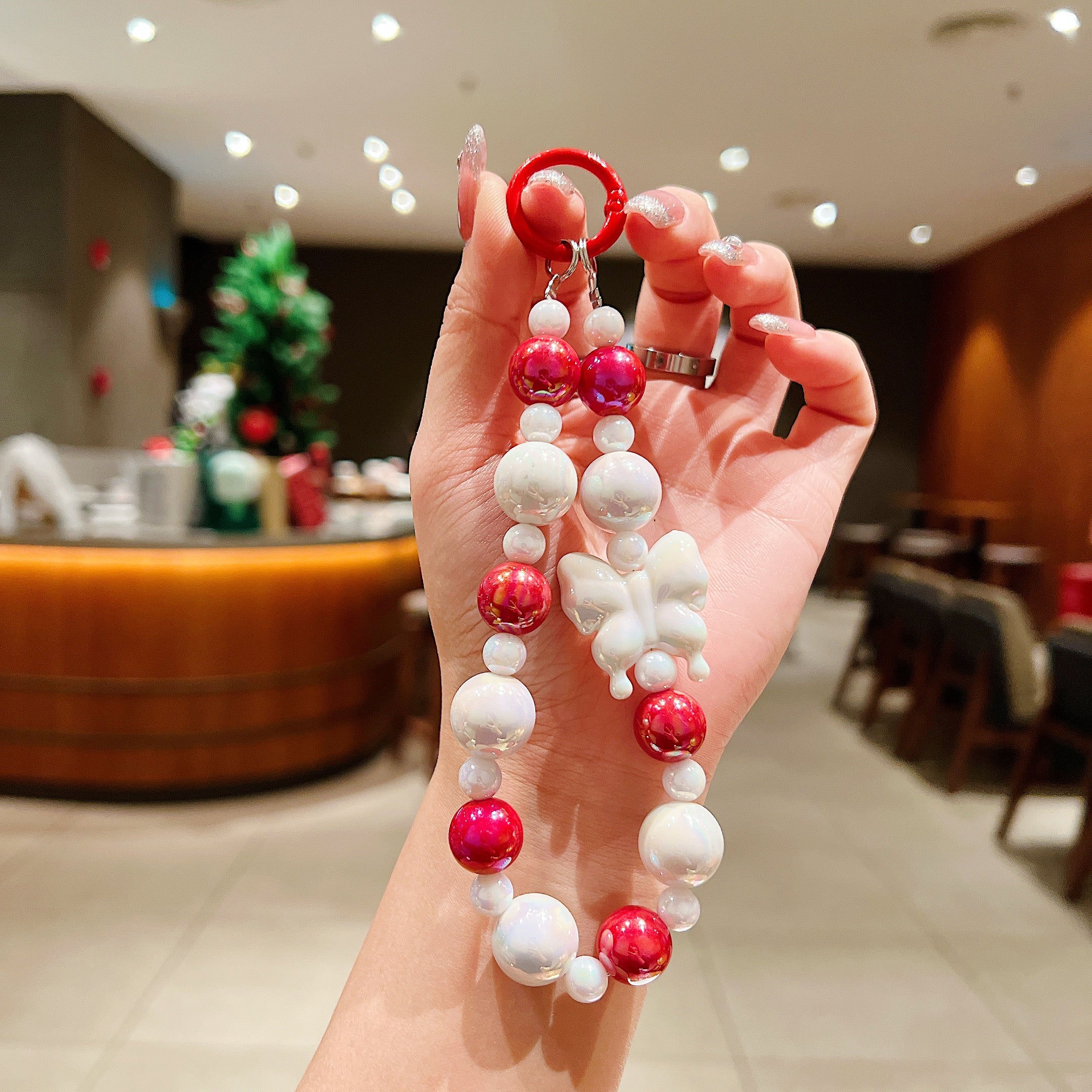 Vibrant Red & Pearl Butterfly Beaded Phone Charm