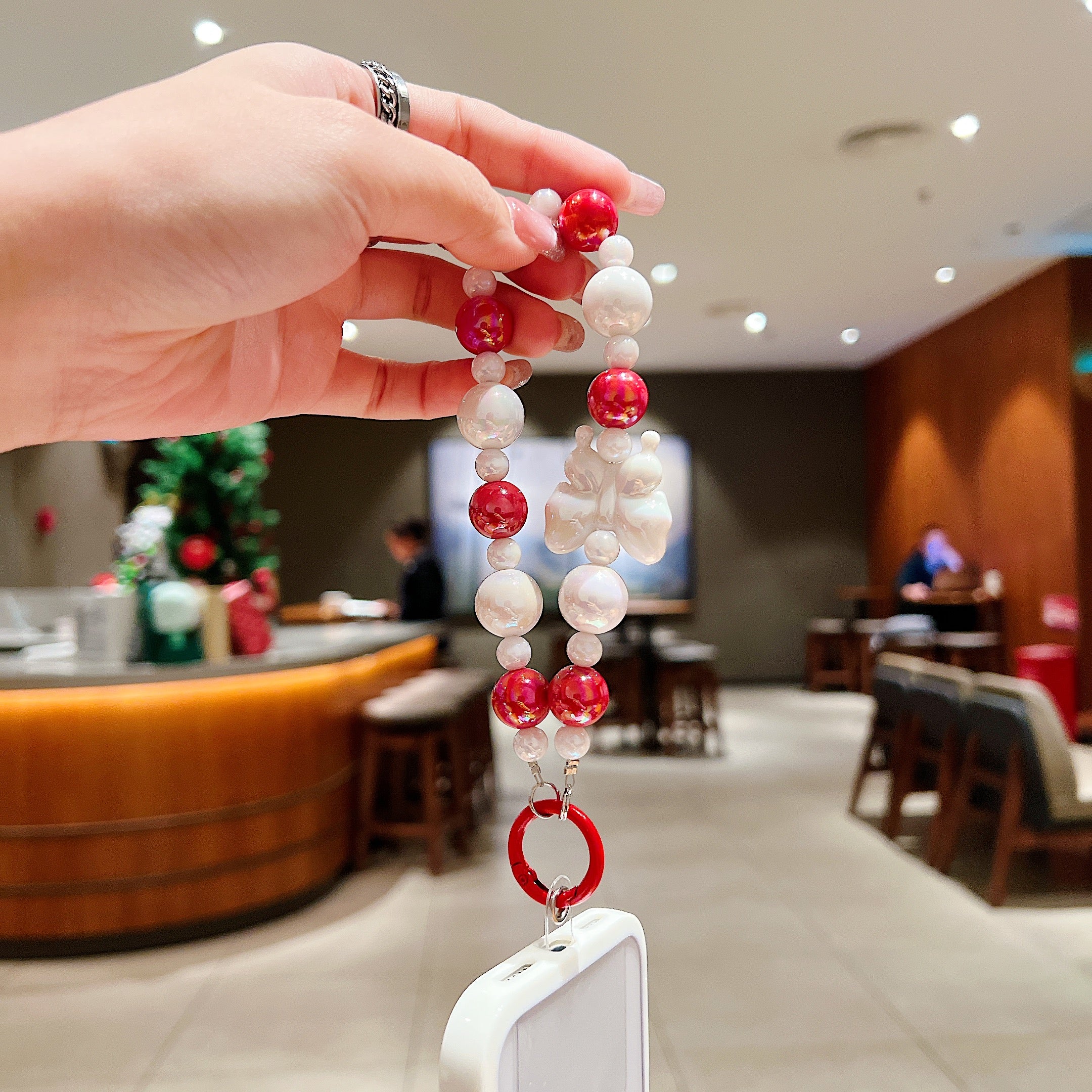Vibrant Red & Pearl Butterfly Beaded Phone Charm