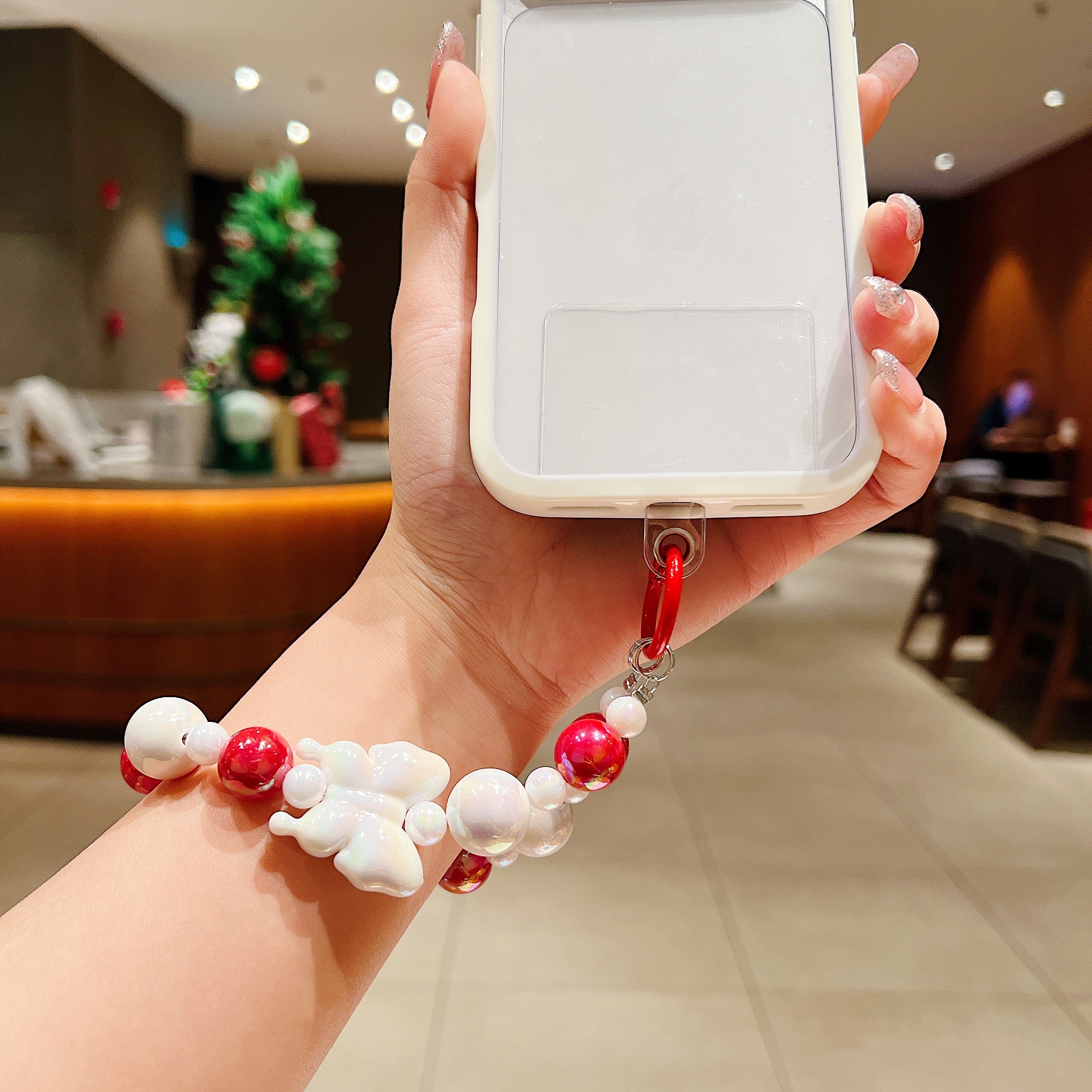 Vibrant Red & Pearl Butterfly Beaded Phone Charm