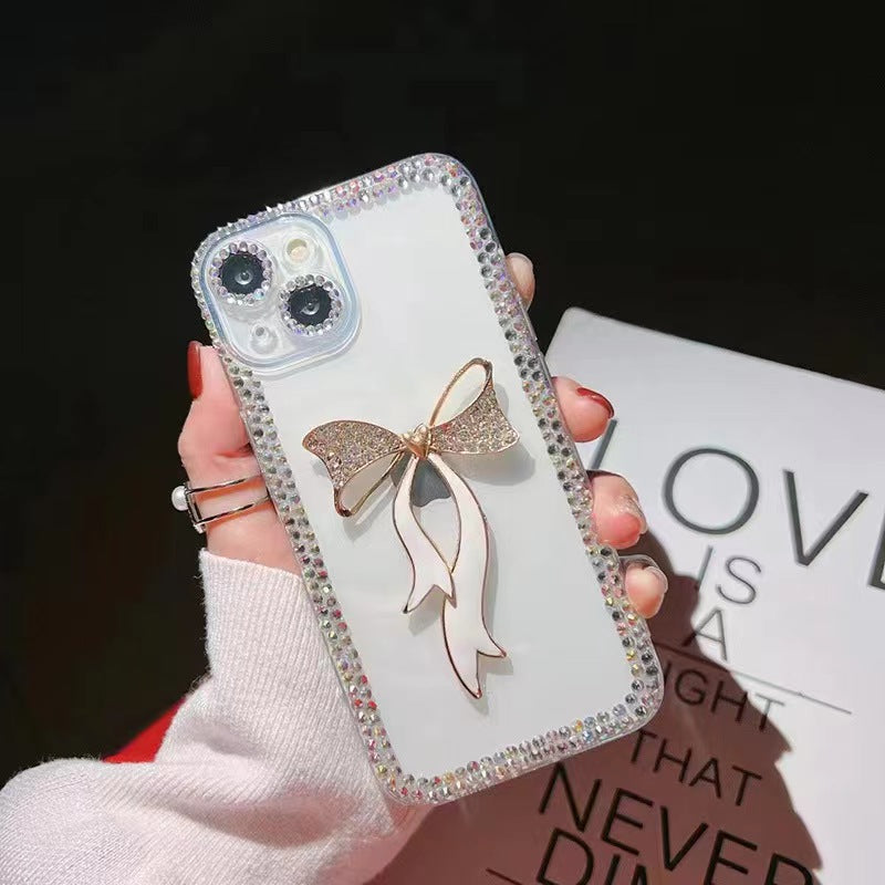 Sparkup Clear Golden-White Bow With Diamond Border For iPhone 13 Pro