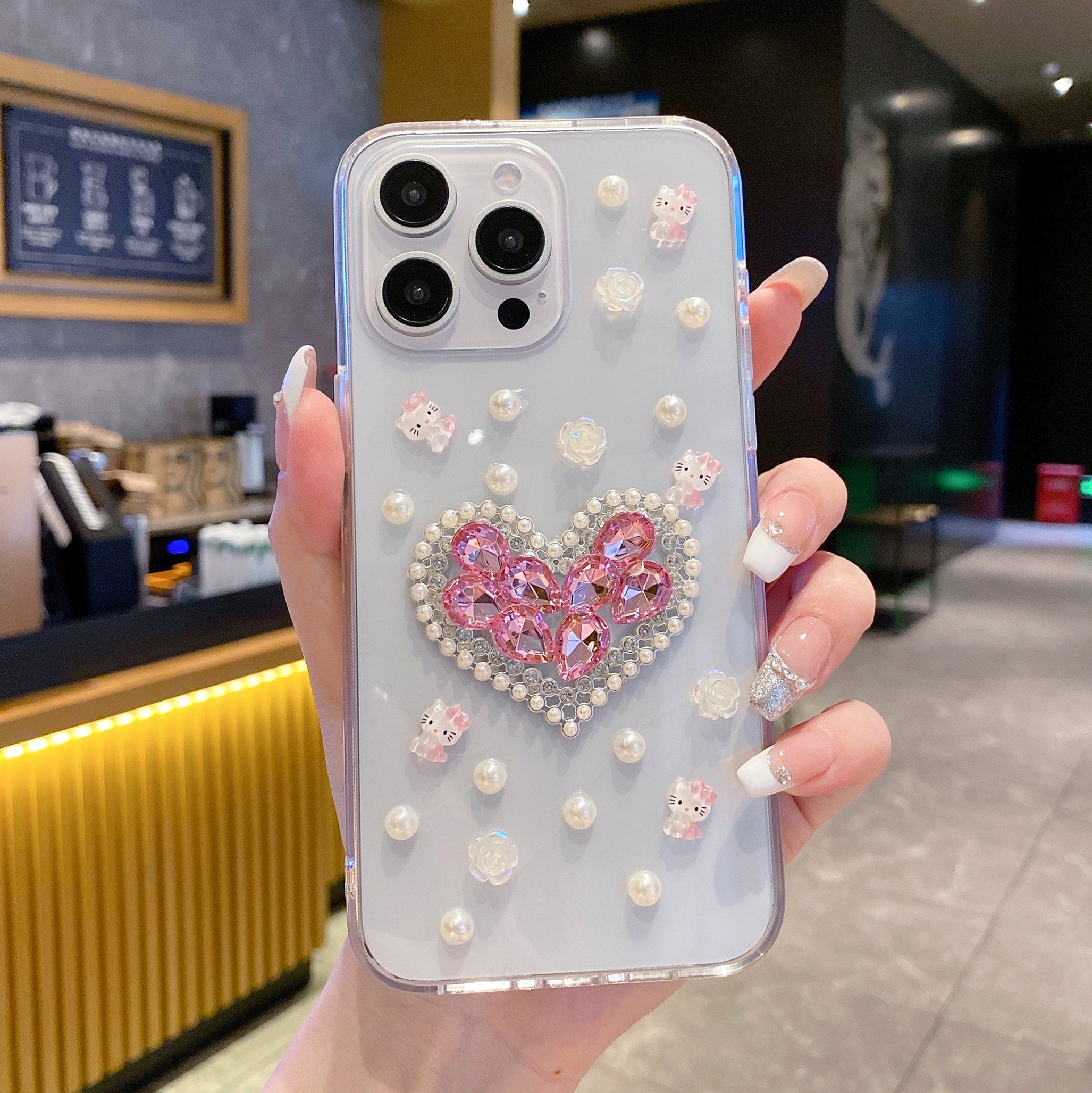 White Peals With Pink Diamond Heart Silicon Phone Cases For iPhone 15 Plus