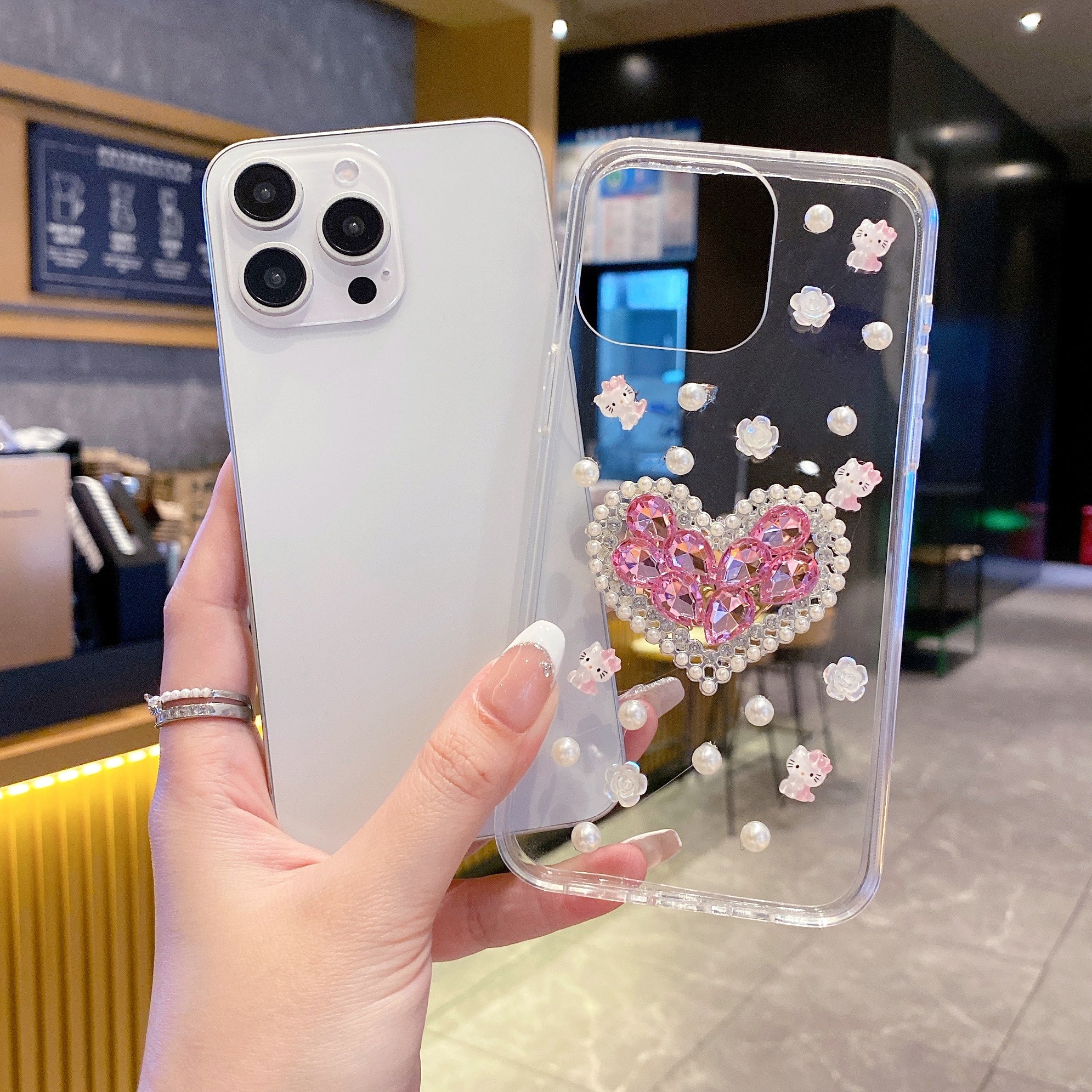 White Peals With Pink Diamond Heart Silicon Phone Cases For iPhone 14 Pro Max