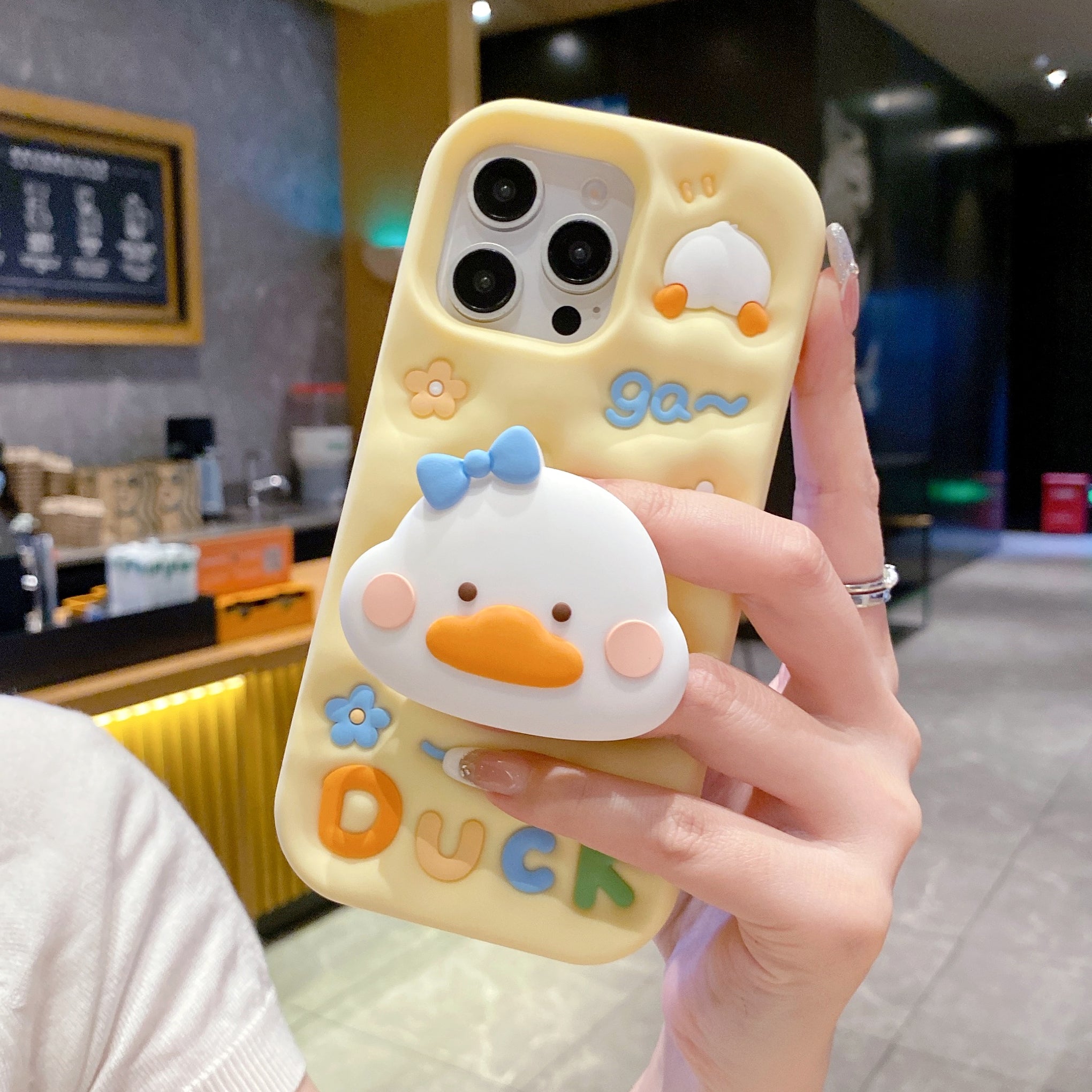 Yellow Duck With Holder Silicon Phone Cases For iPhone 16 Pro Max