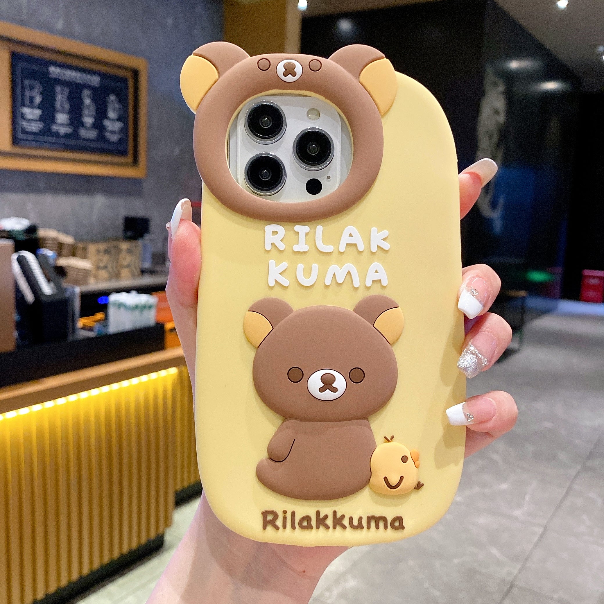 Yellow Lovely Chik Rilakkuma Bear Lens Frame Silicon Phone Cases For iPhone 16 Pro Max