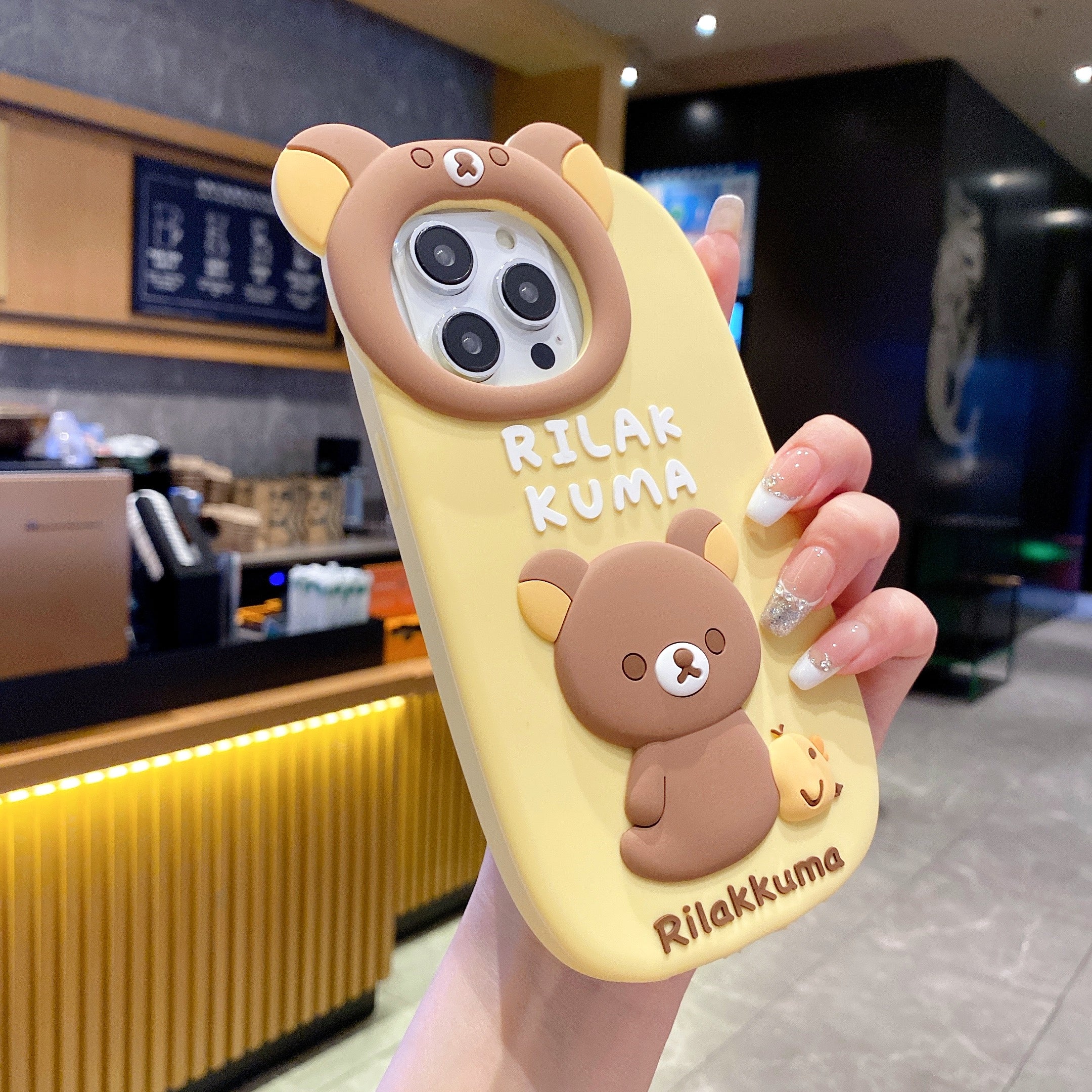 Yellow Lovely Chik Rilakkuma Bear Lens Frame Silicon Phone Cases For iPhone 16 Pro Max