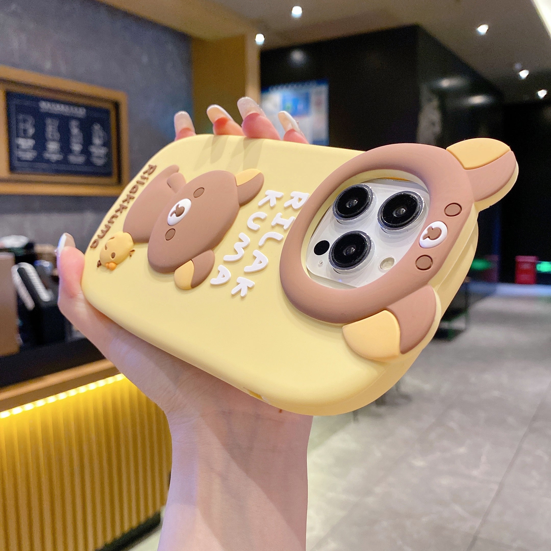 Yellow Lovely Chik Rilakkuma Bear Lens Frame Silicon Phone Cases For iPhone 16 Pro Max
