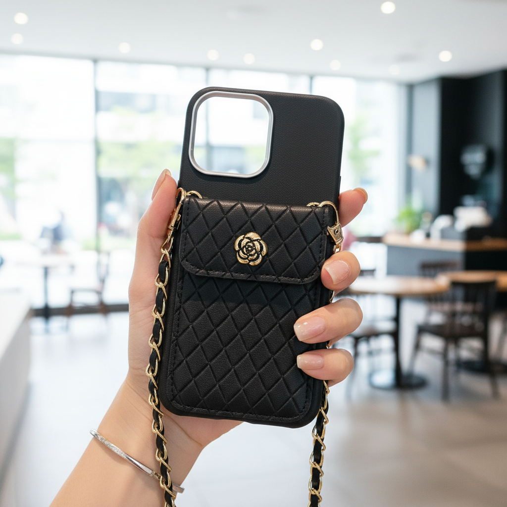 Black Texture Wallet With Golden Chain - Phone Case For iPhone 14 Pro